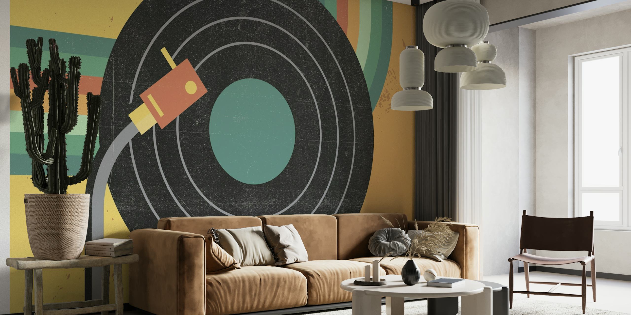 Wandbild mit Vinyl-Schallplatte und Plattenspielerarm mit buntem geometrischem Hintergrund