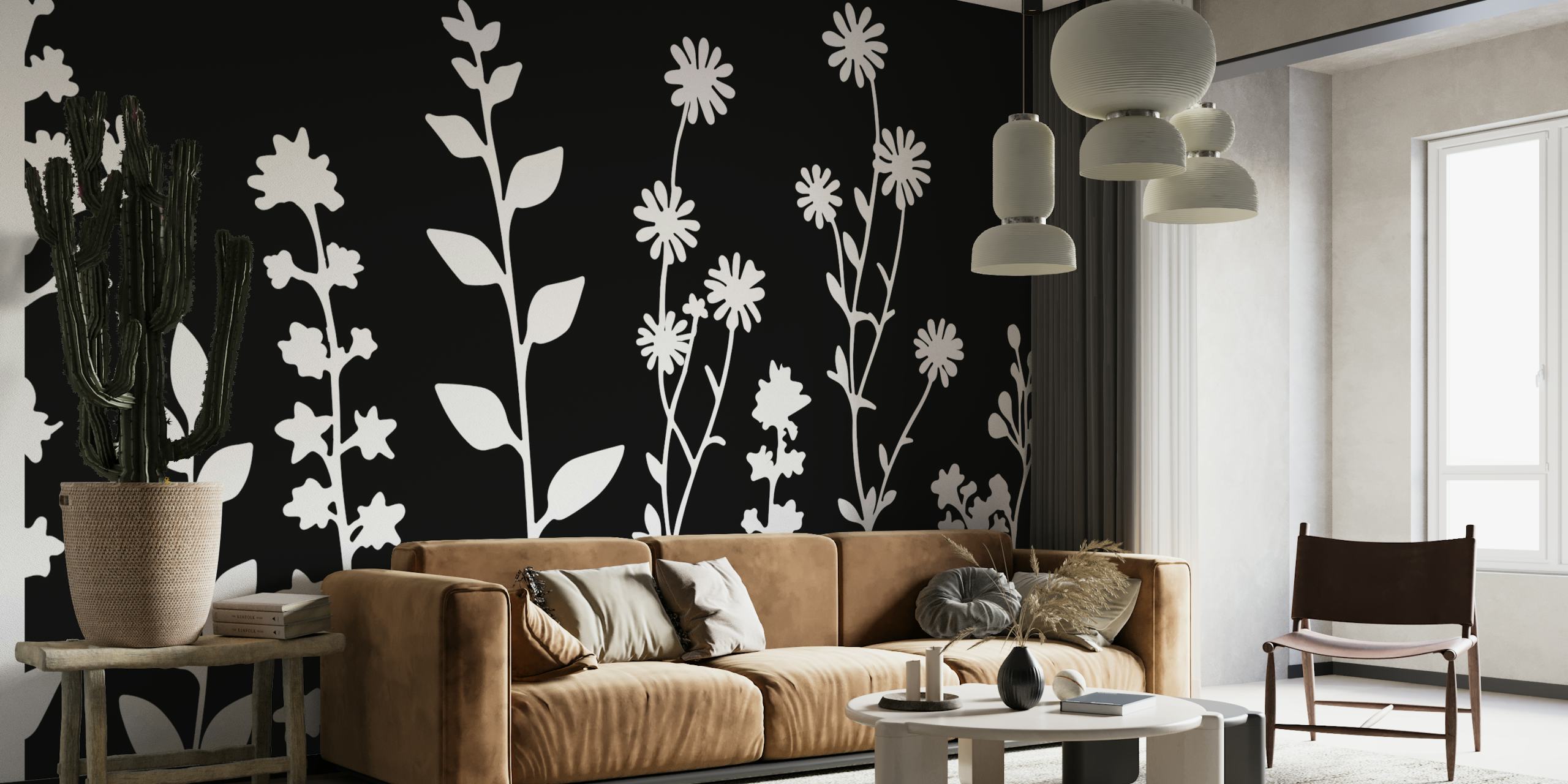 Minimalistic Wildflower Meadow Black White papel de parede