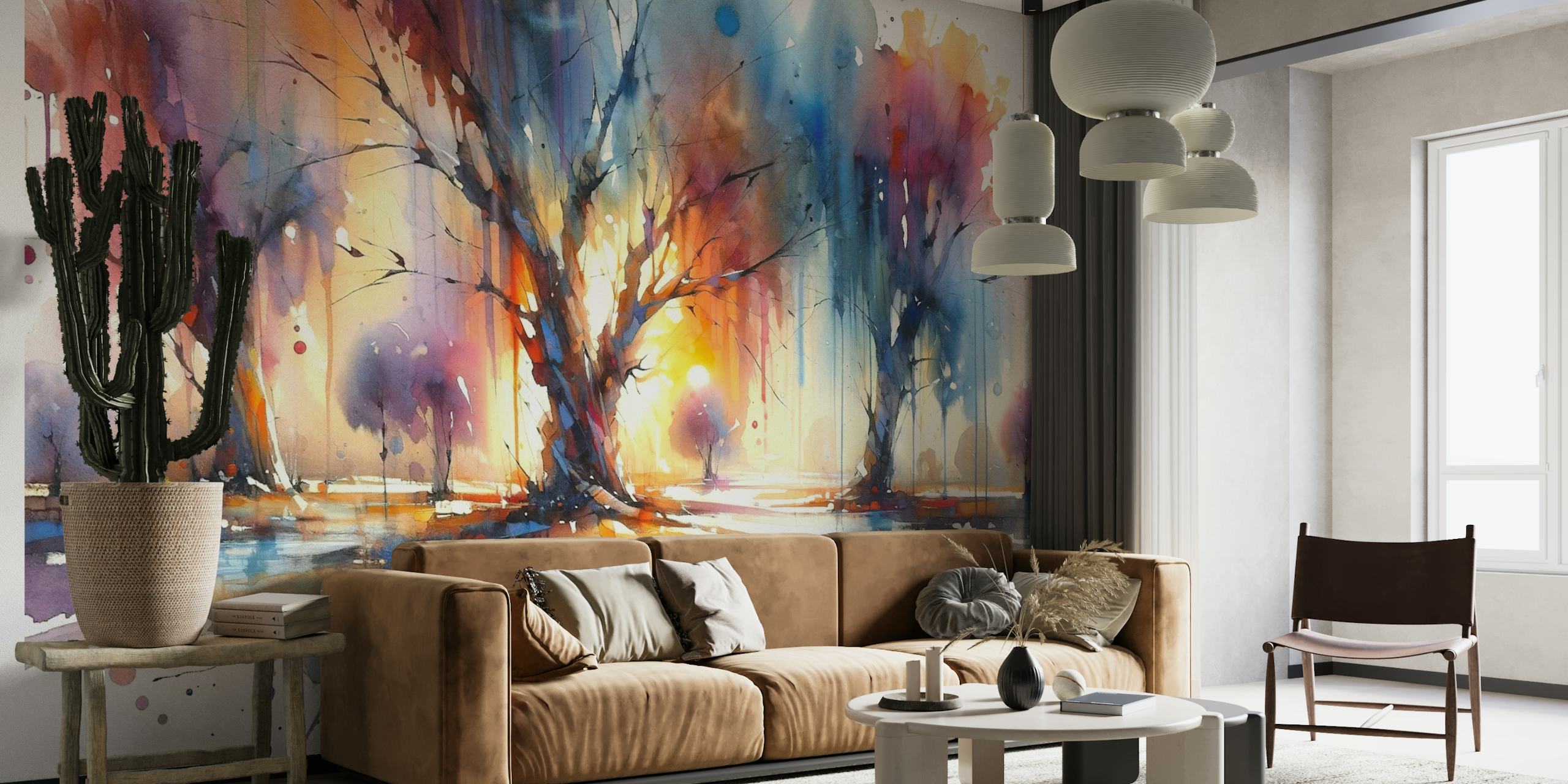 Mural de parede abstrato em aquarela de árvores coloridas com um espectro de tons vibrantes.