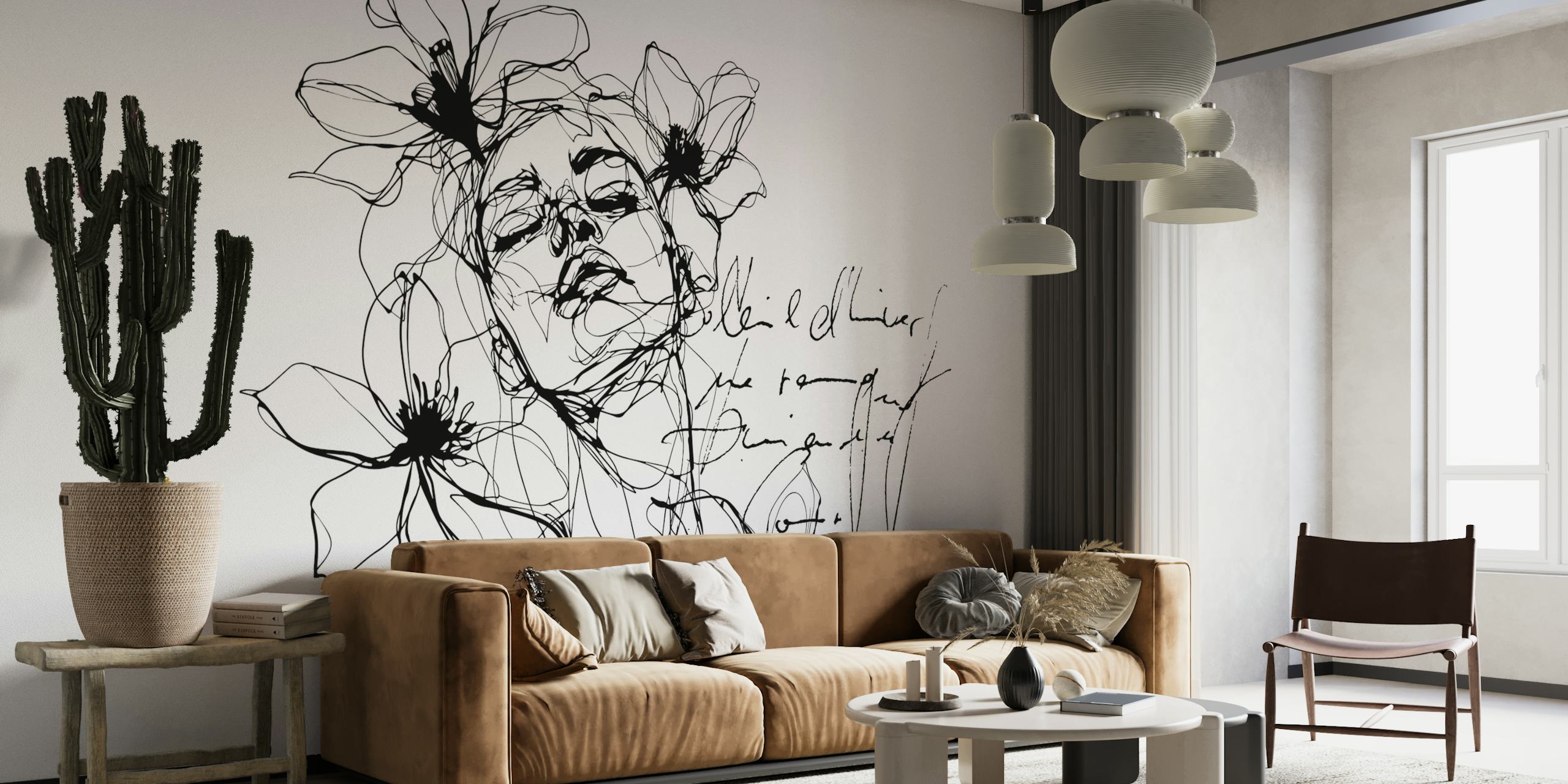 Mural de pared minimalista con arte lineal de una figura femenina con detalles florales en blanco y negro