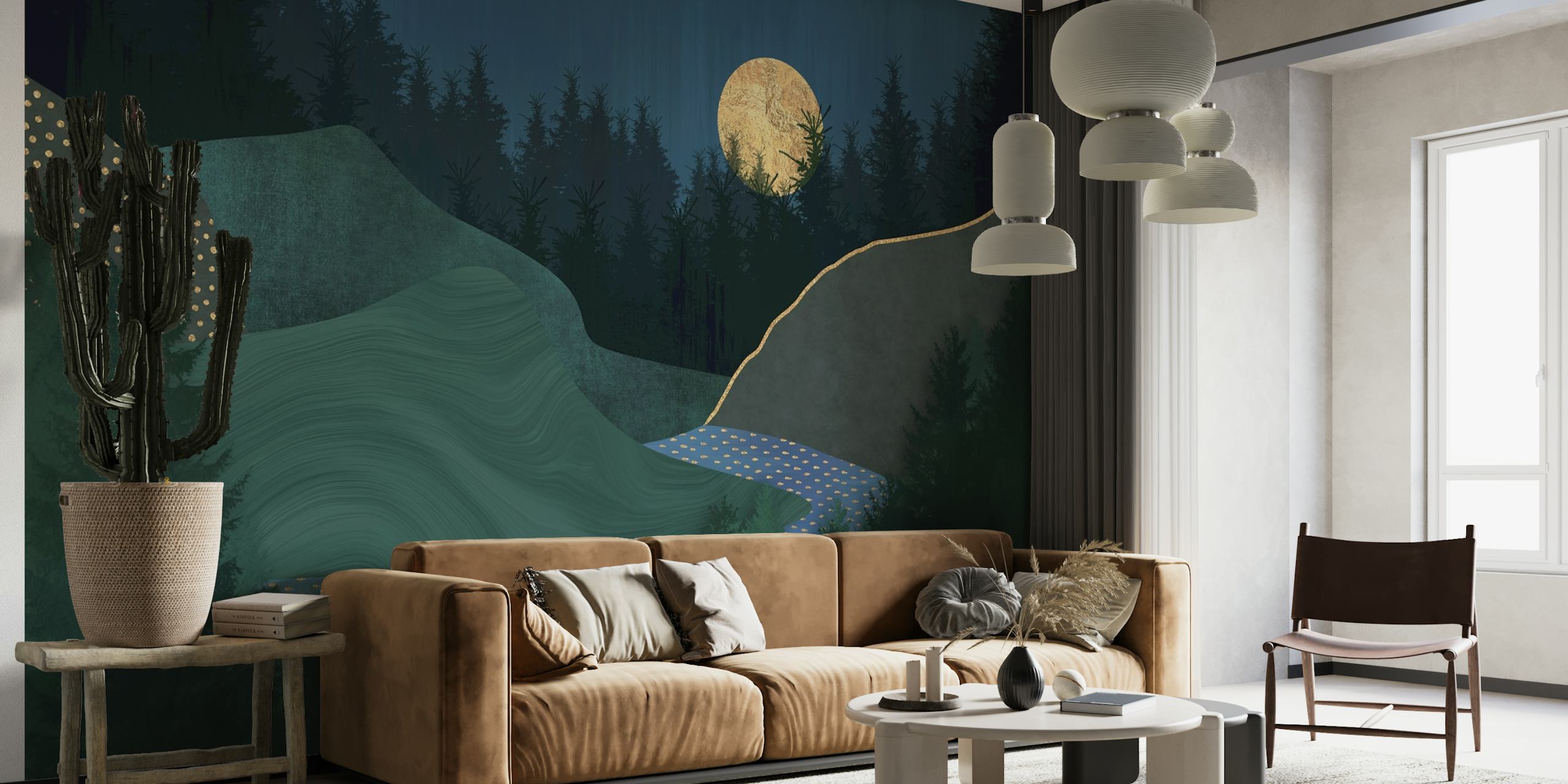 Midnight Forest Full Moon Valley wallpaper