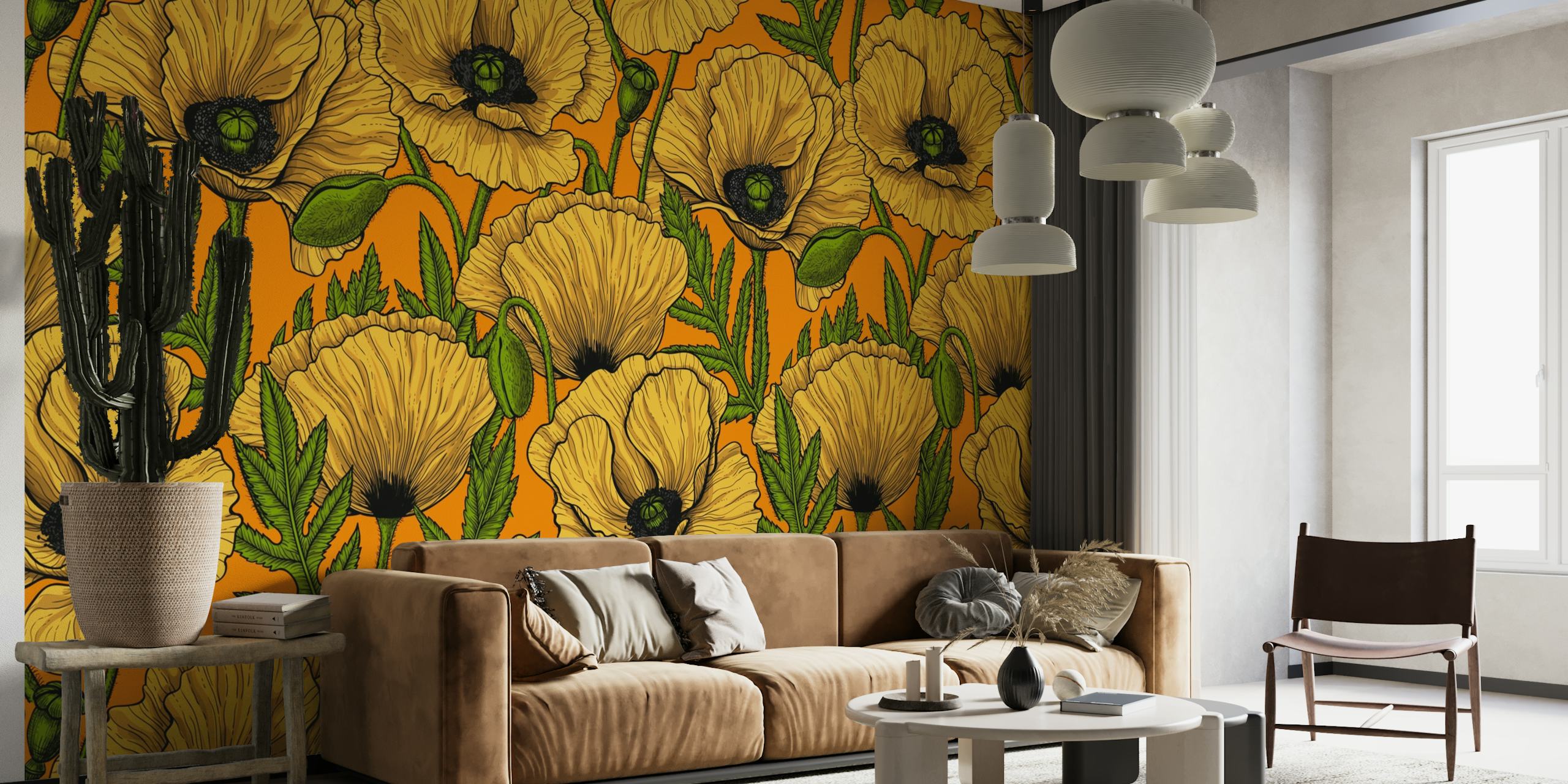 Yellow poppy flowers wall mural on a warm background for home decor