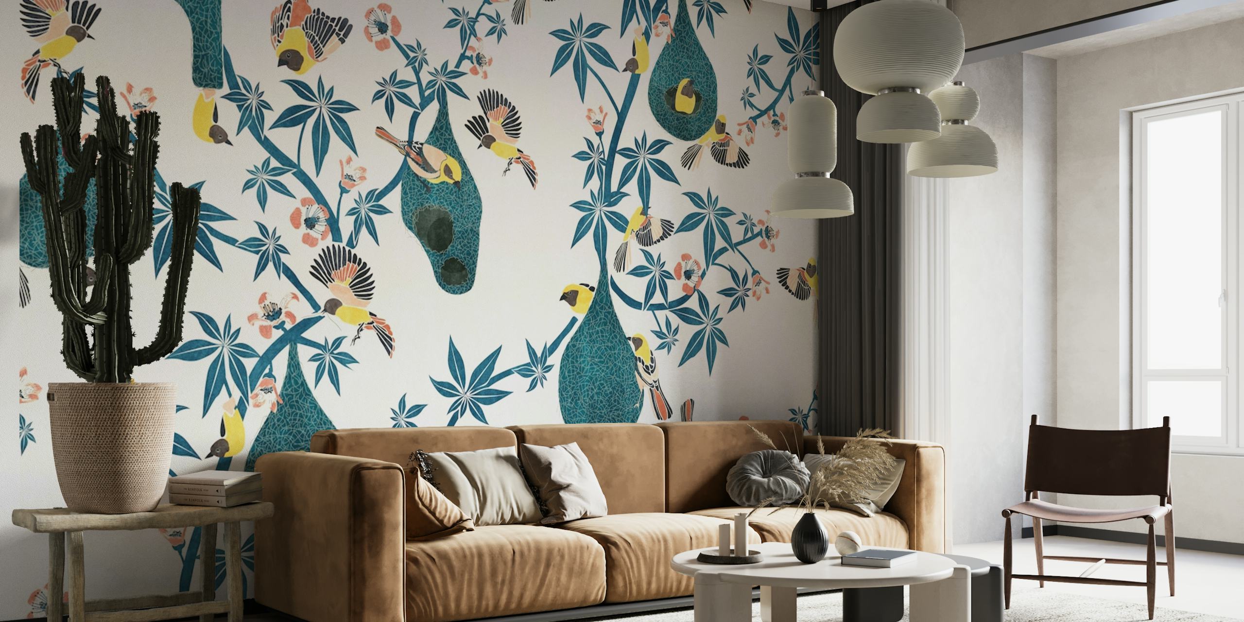 Weaver Birds with Nests Chinoiserie wallpaper