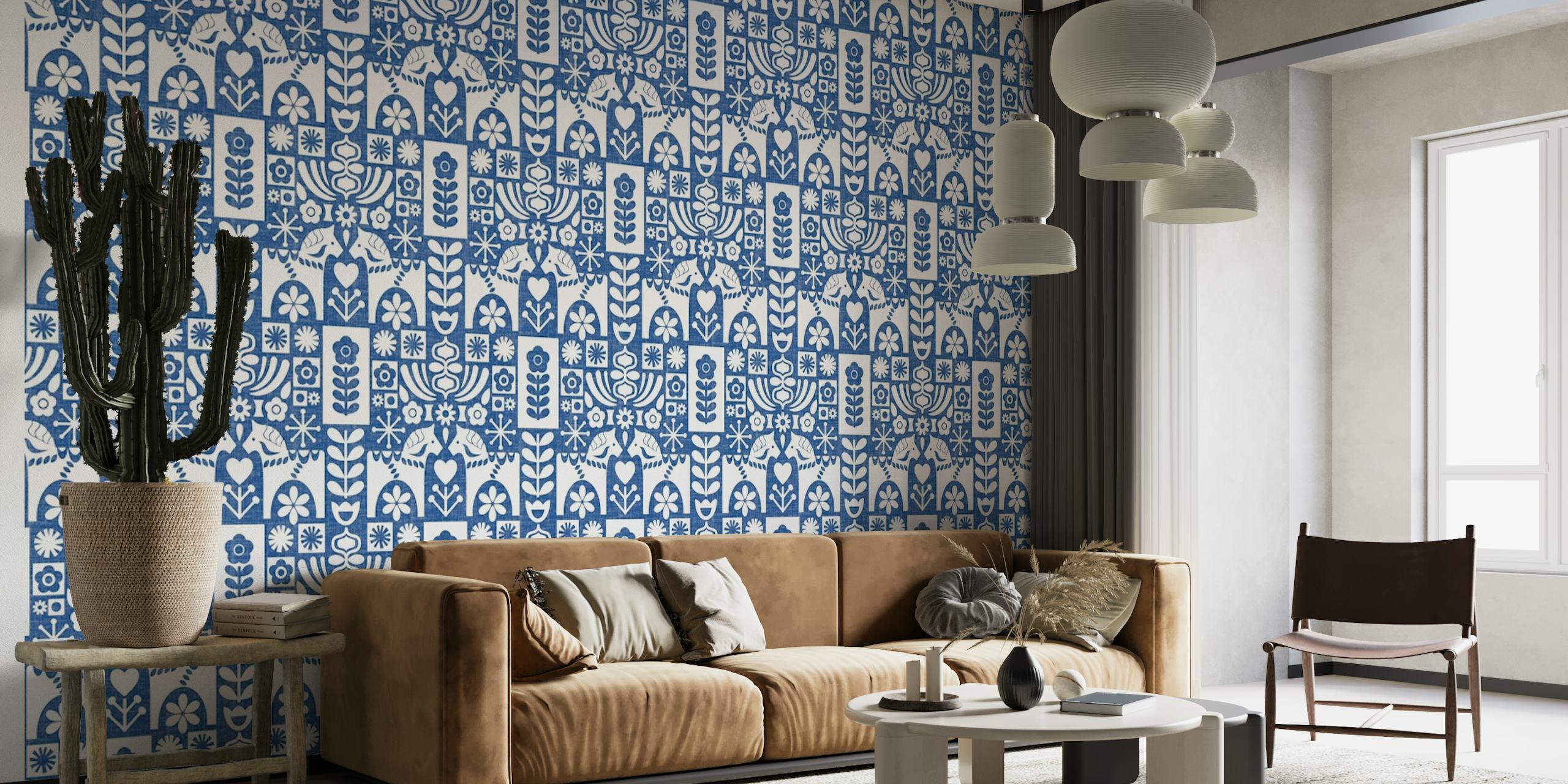 Swedish Folk Art Mid-Century Modern Blue Wall Mural with Floral and Geometric Patterns