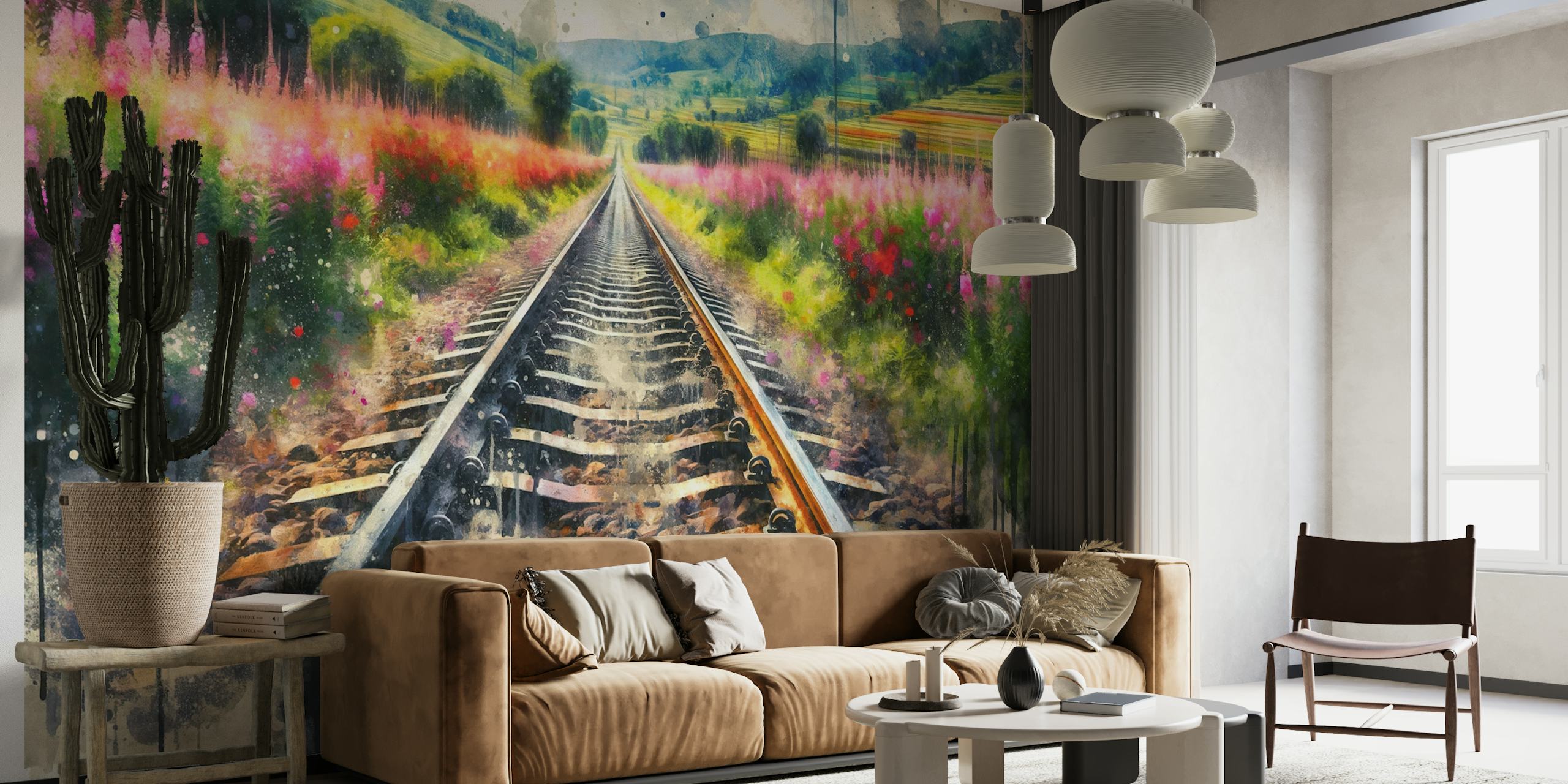 Train Track Countryside Flowers papel pintado