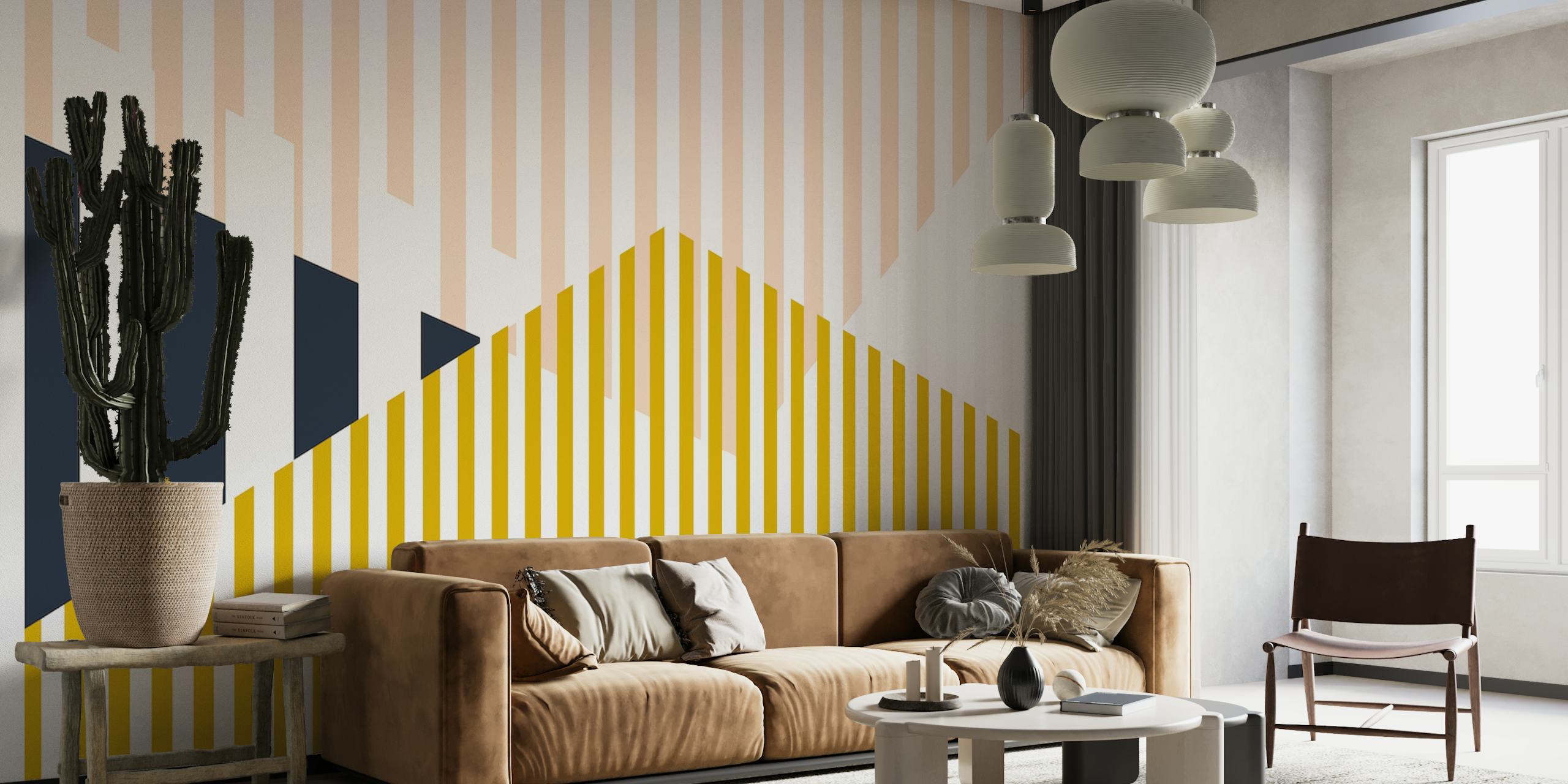 Timeless Mikado Mustard geometric wall mural with mustard, black, and soft pink shapes