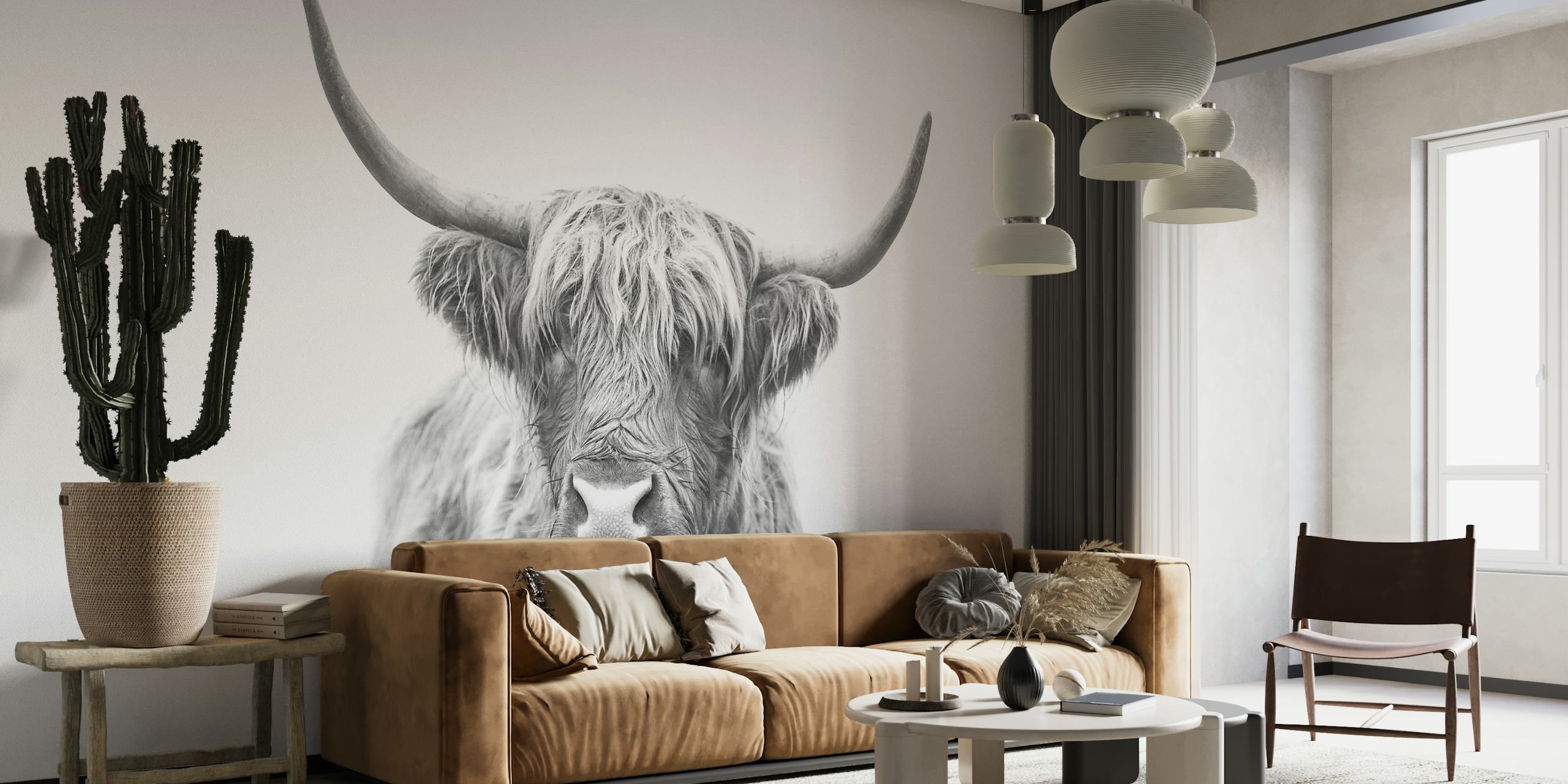 Monochrome Highland Bull wall mural artwork