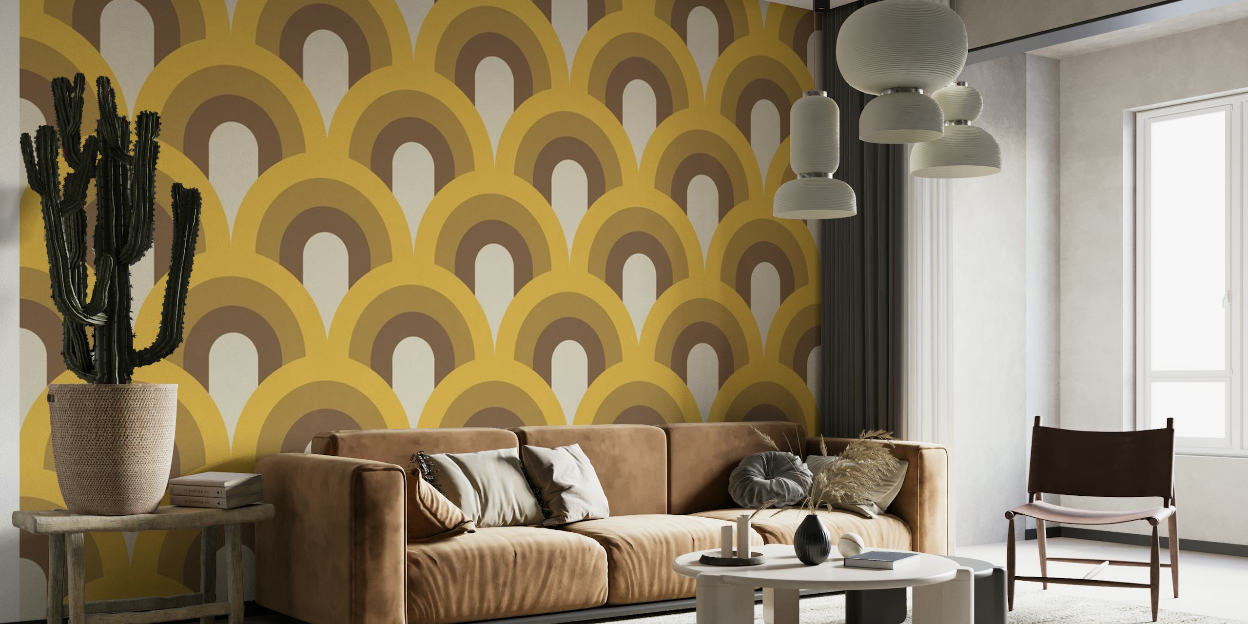 Retro-style rainbow arches wall mural in warm earth tones