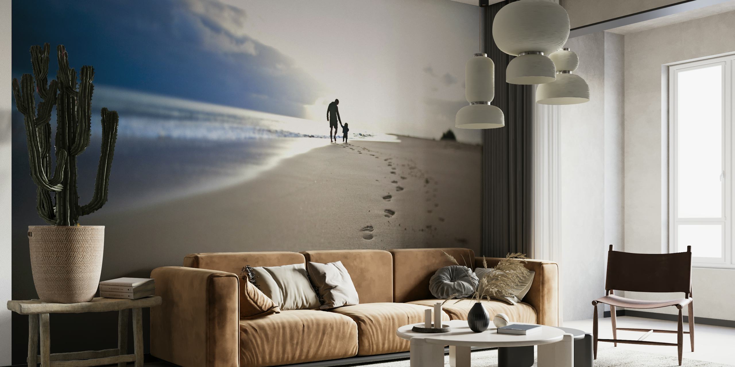 A silhouette of a father and son walking on the beach captured in the wall mural 'Father and Son'.