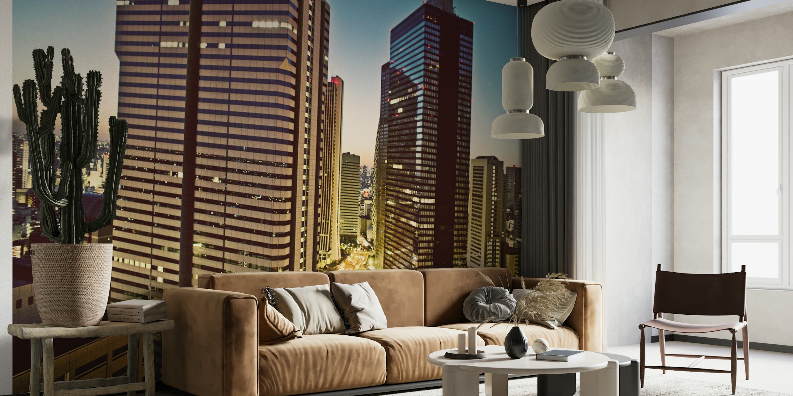Tokyo city skyline at dusk with tall buildings and lights wallpaper