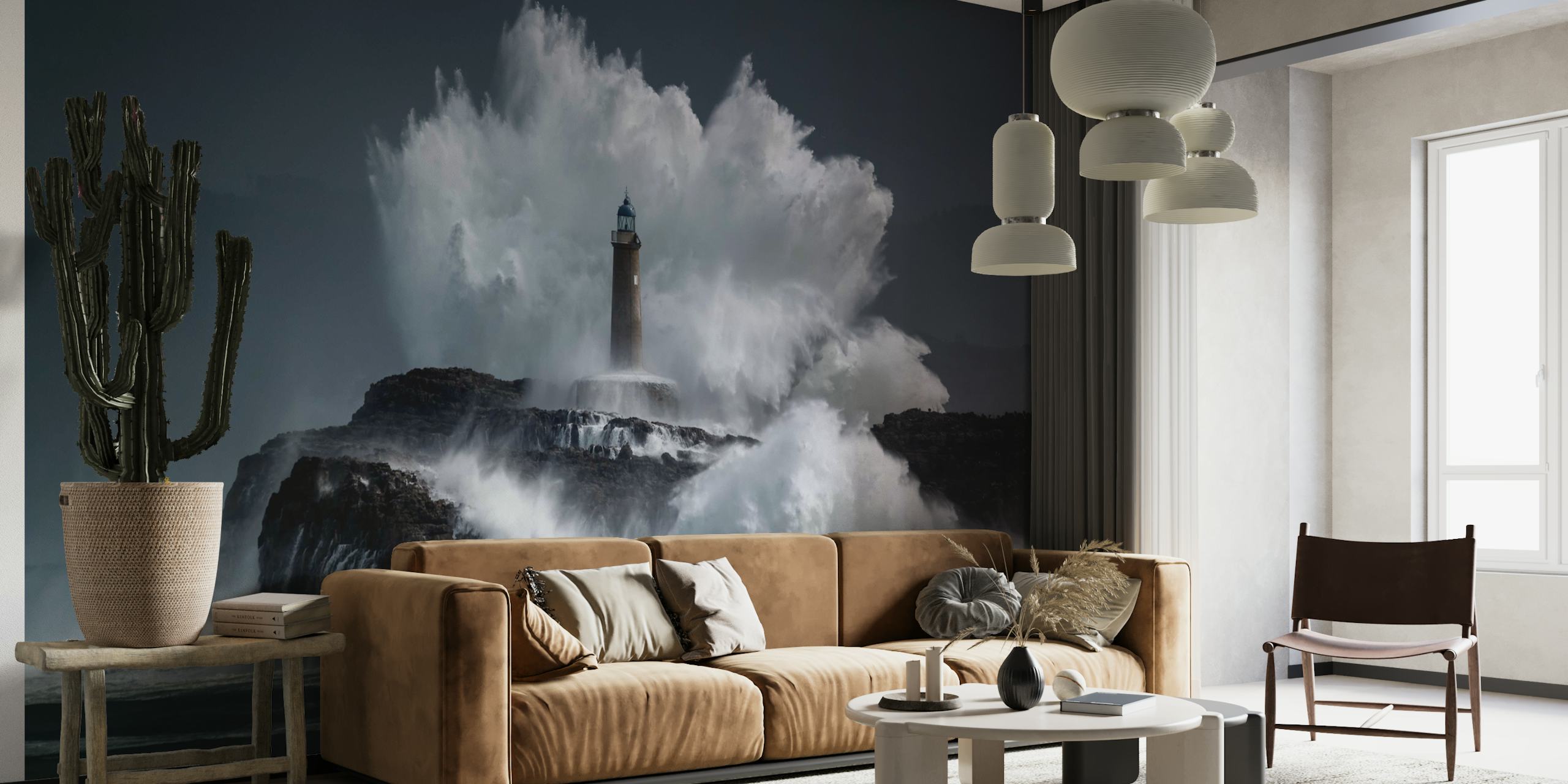 Lighthouse standing on rocky coast with crashing waves wallpaper