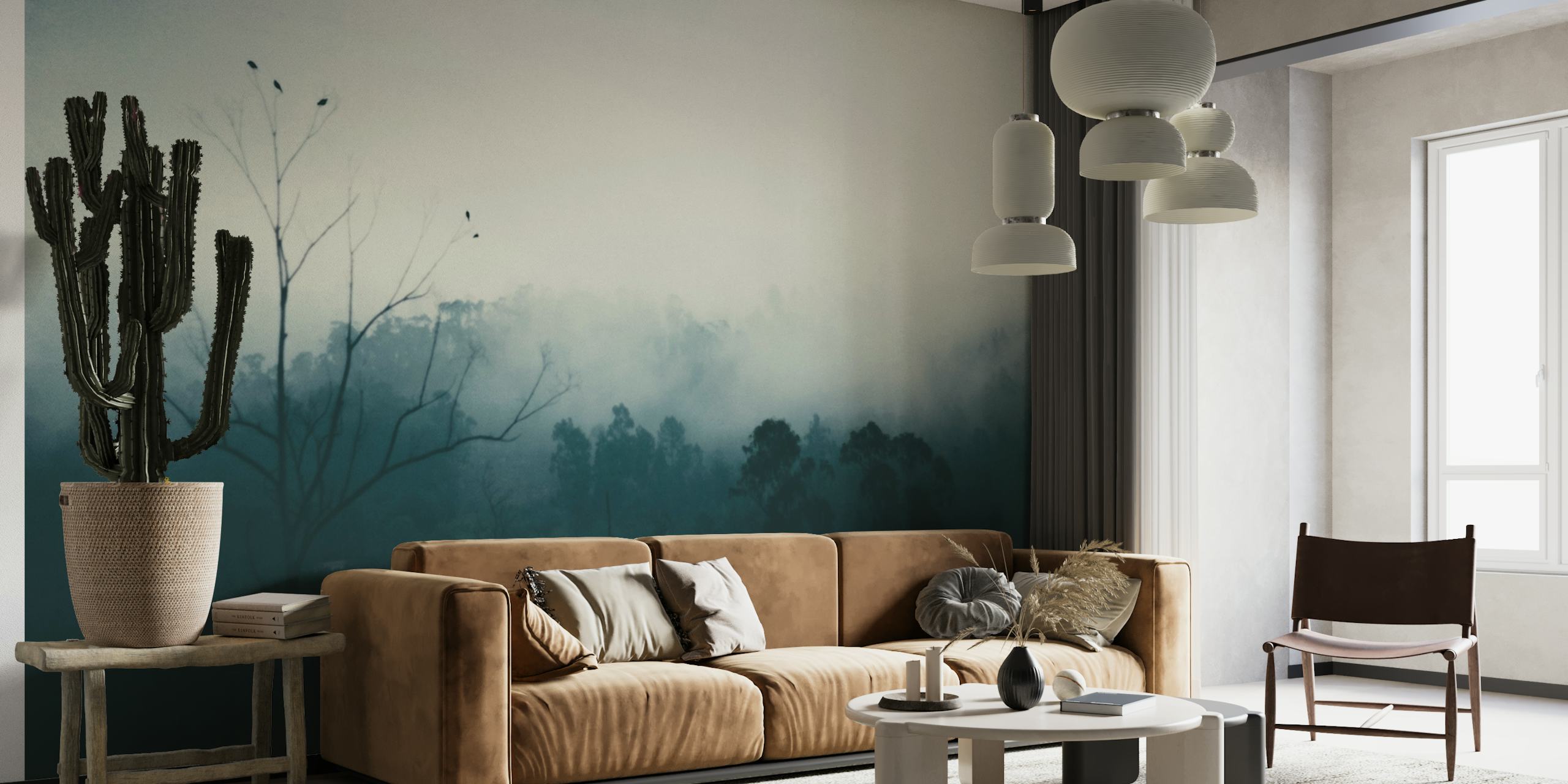 Silhouetted tree with birds against a misty mountain backdrop wall mural