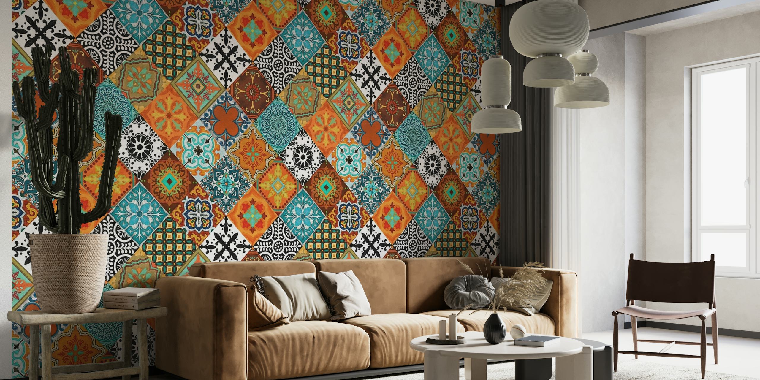 Talavera Tiles Orange Aqua wallpaper