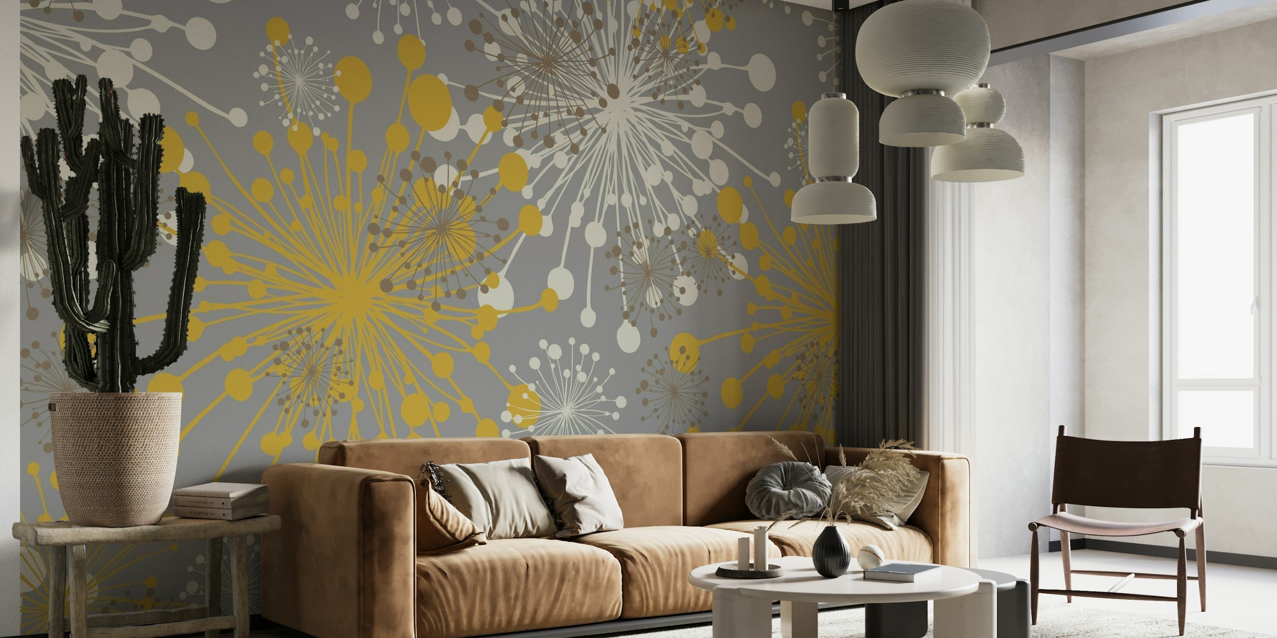 Dandelions grey mustard papel pintado