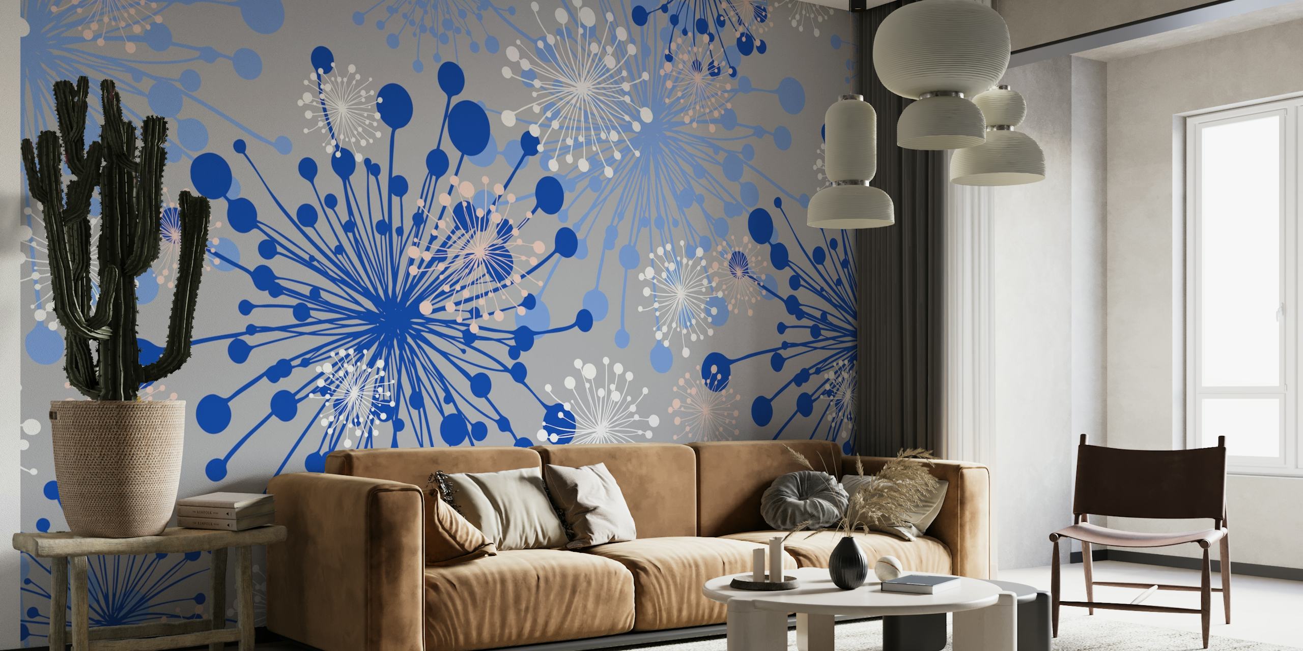 Elegant grey and royal blue dandelion wallpaper creating a lively accent wall