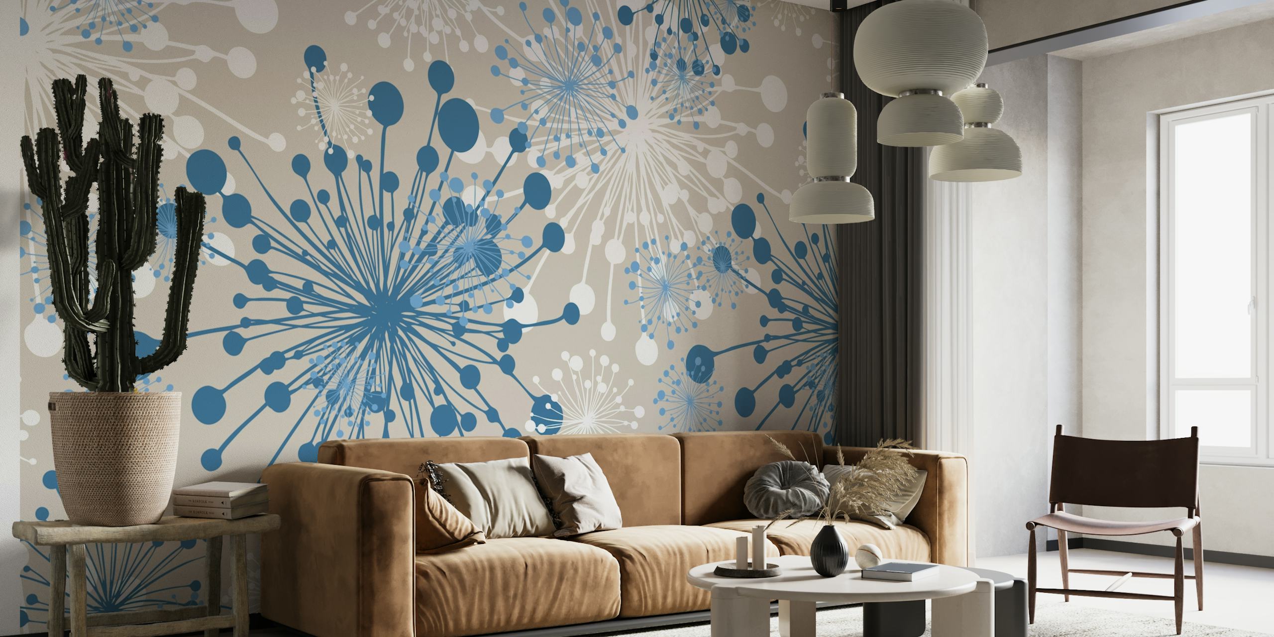 Dandelions greige slate blue wallpaper