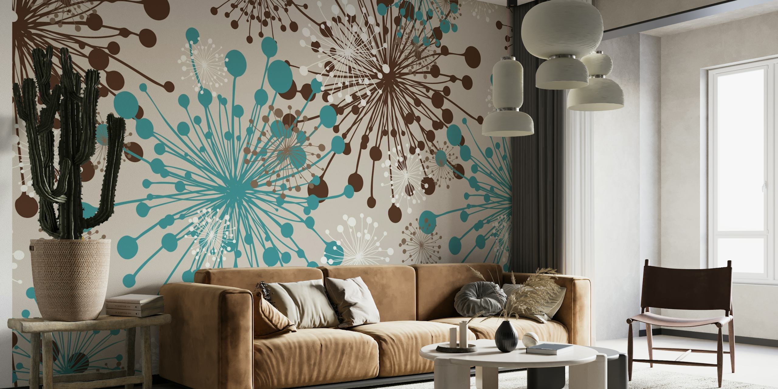 Dandelions grey teal brown wallpaper