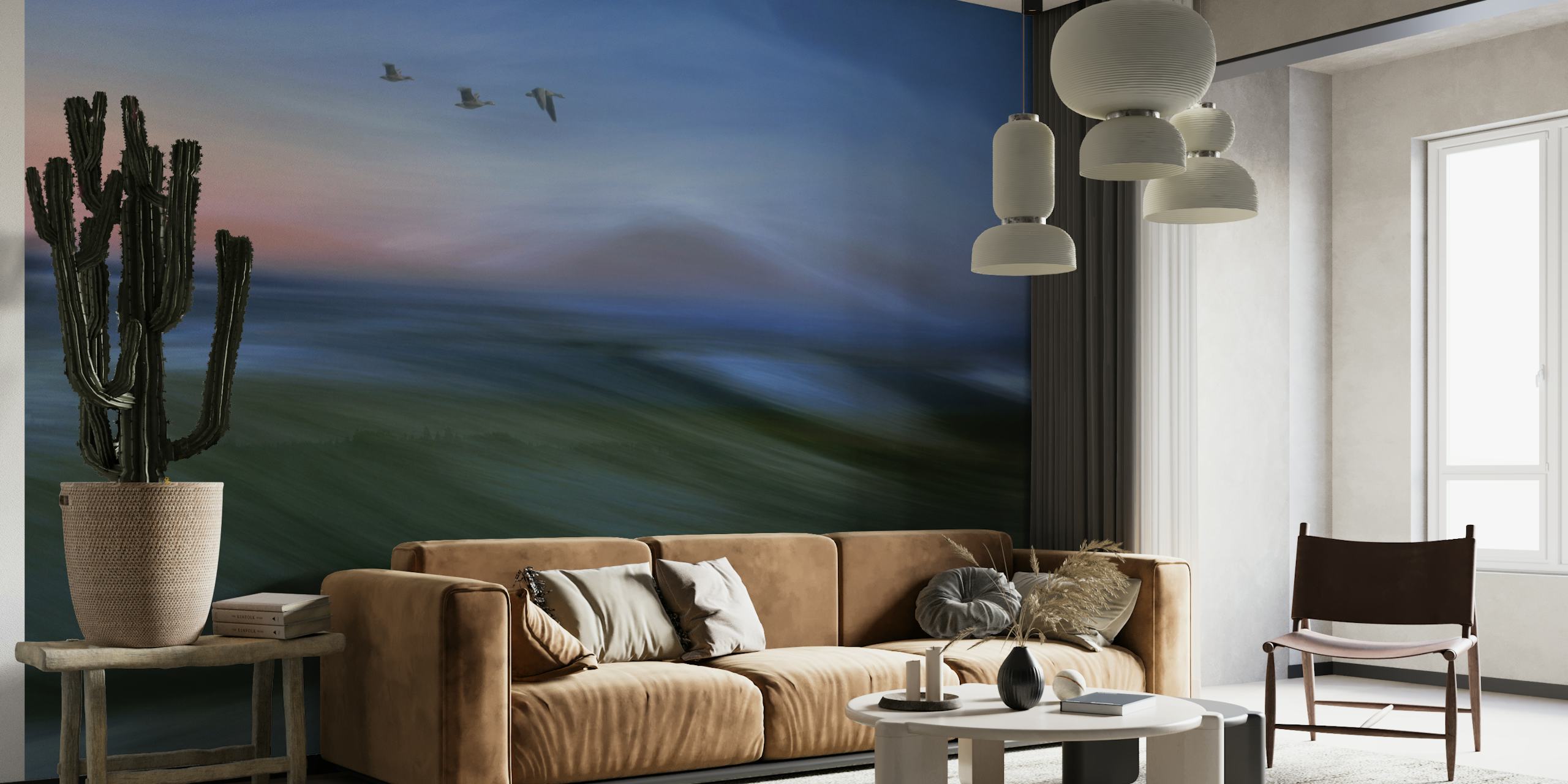 Abstract twilight landscape wall mural with birds in motion