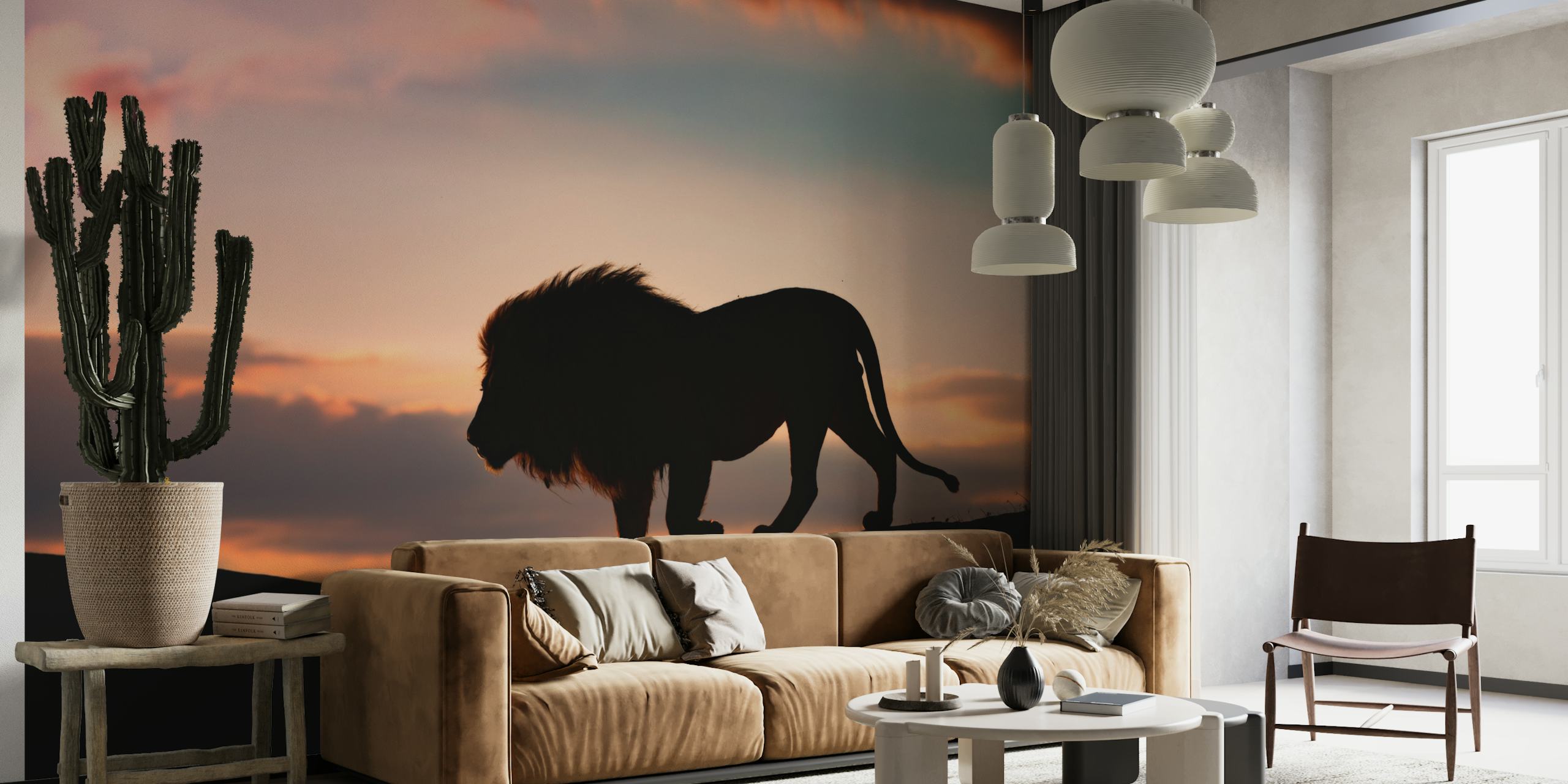 Lion silhouette against a sunset with orange and purple hues wallpaper