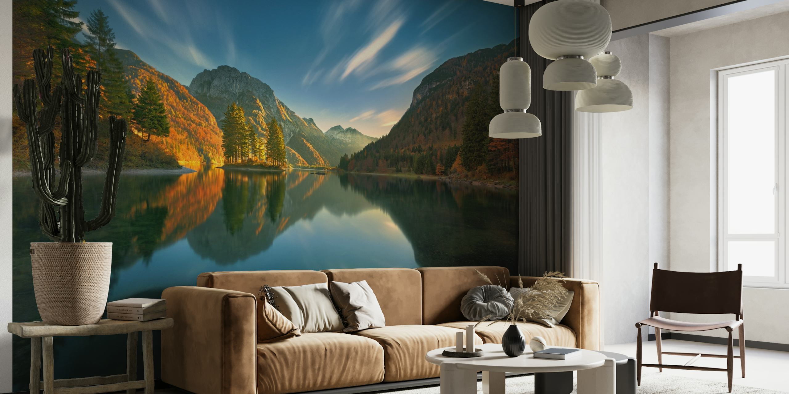 Roligt bjergsø vægmaleri med efterårstræer og reflekterende vand