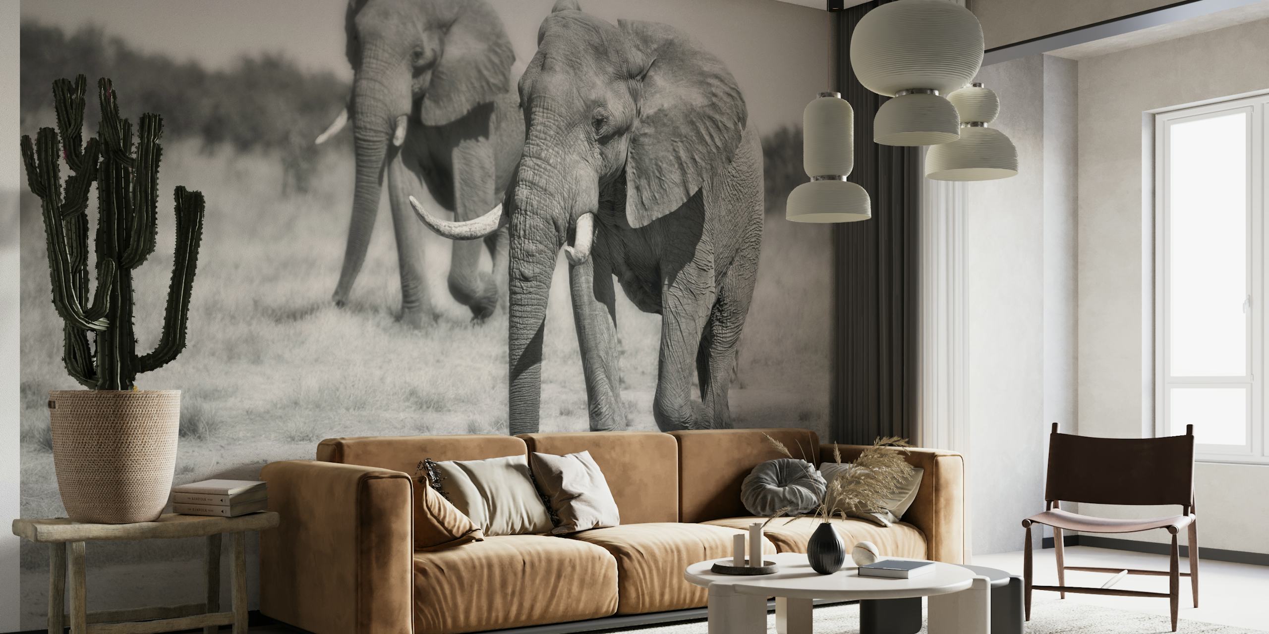 Two elephants walking in a black and white wallpaper design