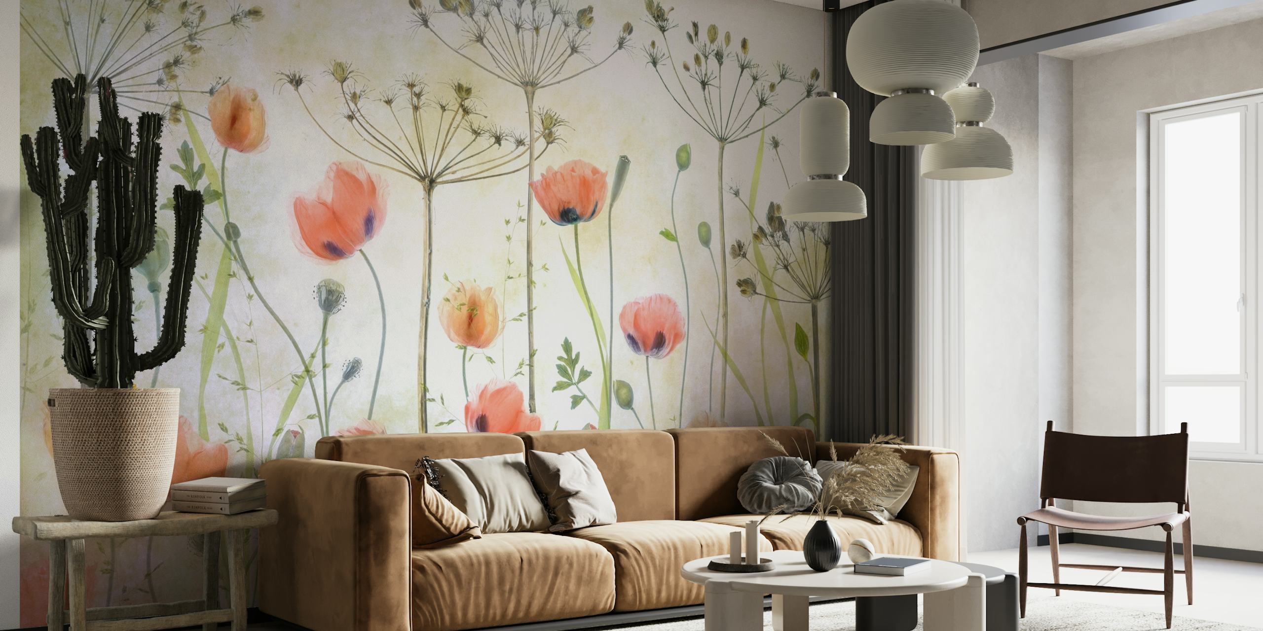 Rauhallinen unikkoniityn seinämaalaus, jossa on herkkiä kukkia rauhallisessa ympäristössä