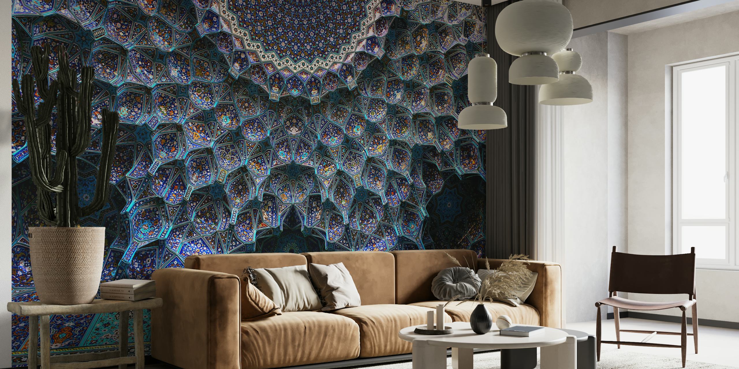 Geometric patterned blue and turquoise mosque wallpaper