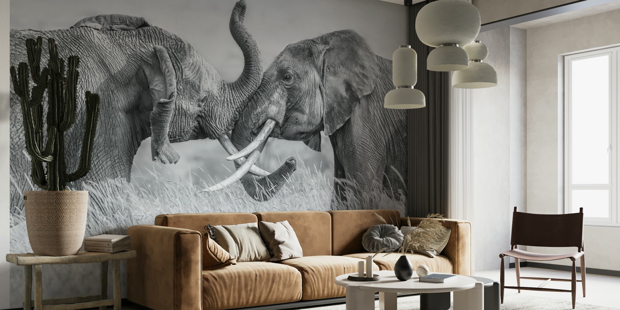 Two elephants in black and white wallpaper design