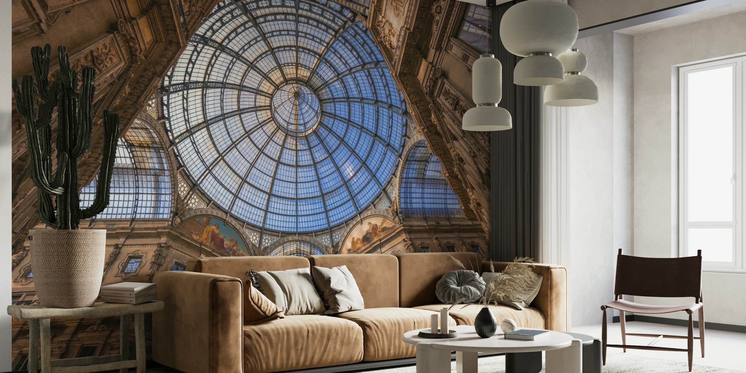 Arkitektonisk kuppeltakveggmaleri i nyanser av blått og beige, forbedrer rominnredningen med et majestetisk preg.