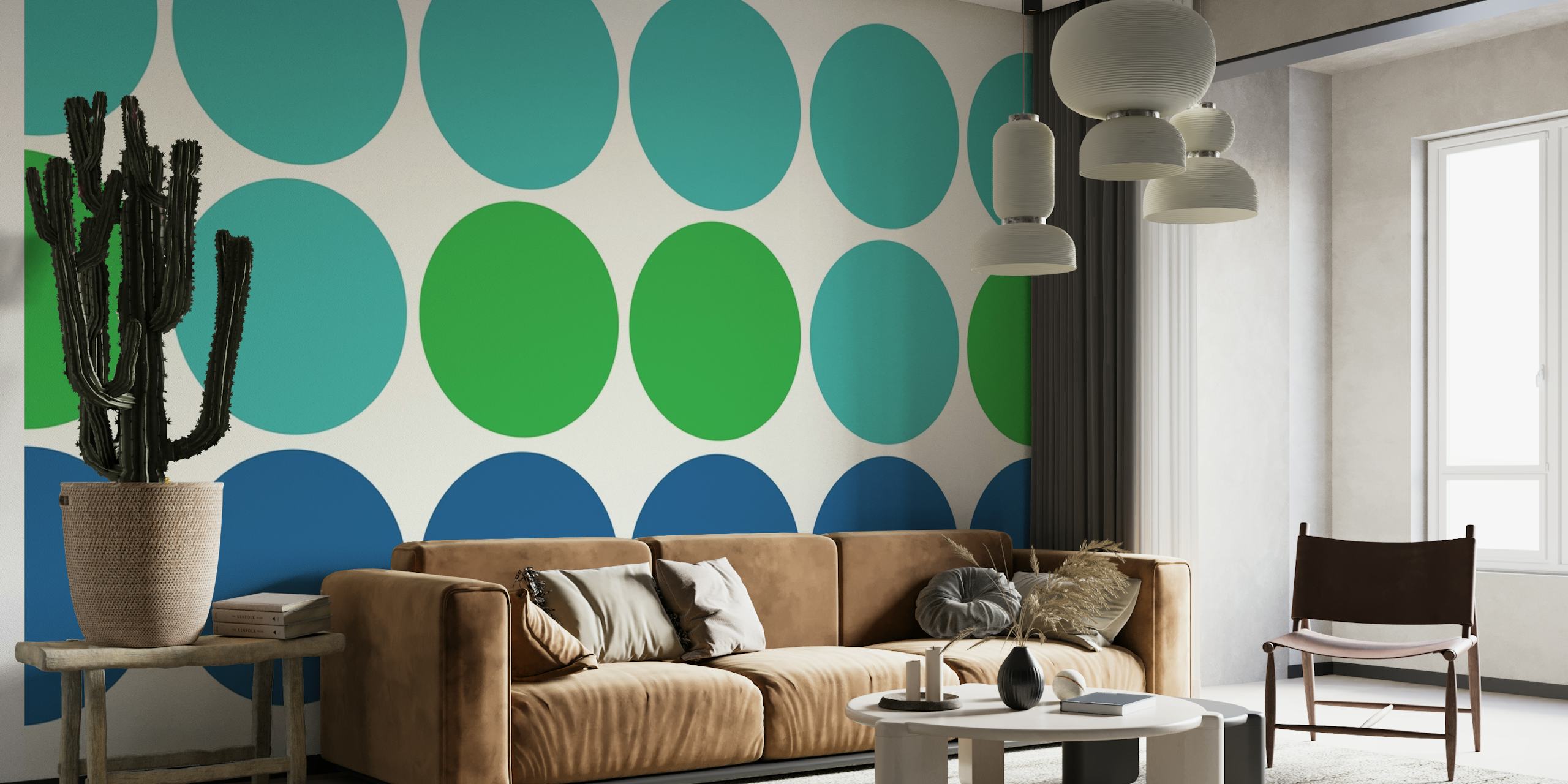 Geometrische muurschildering met cirkelpatroon in de kleuren turkoois, marineblauw en groen