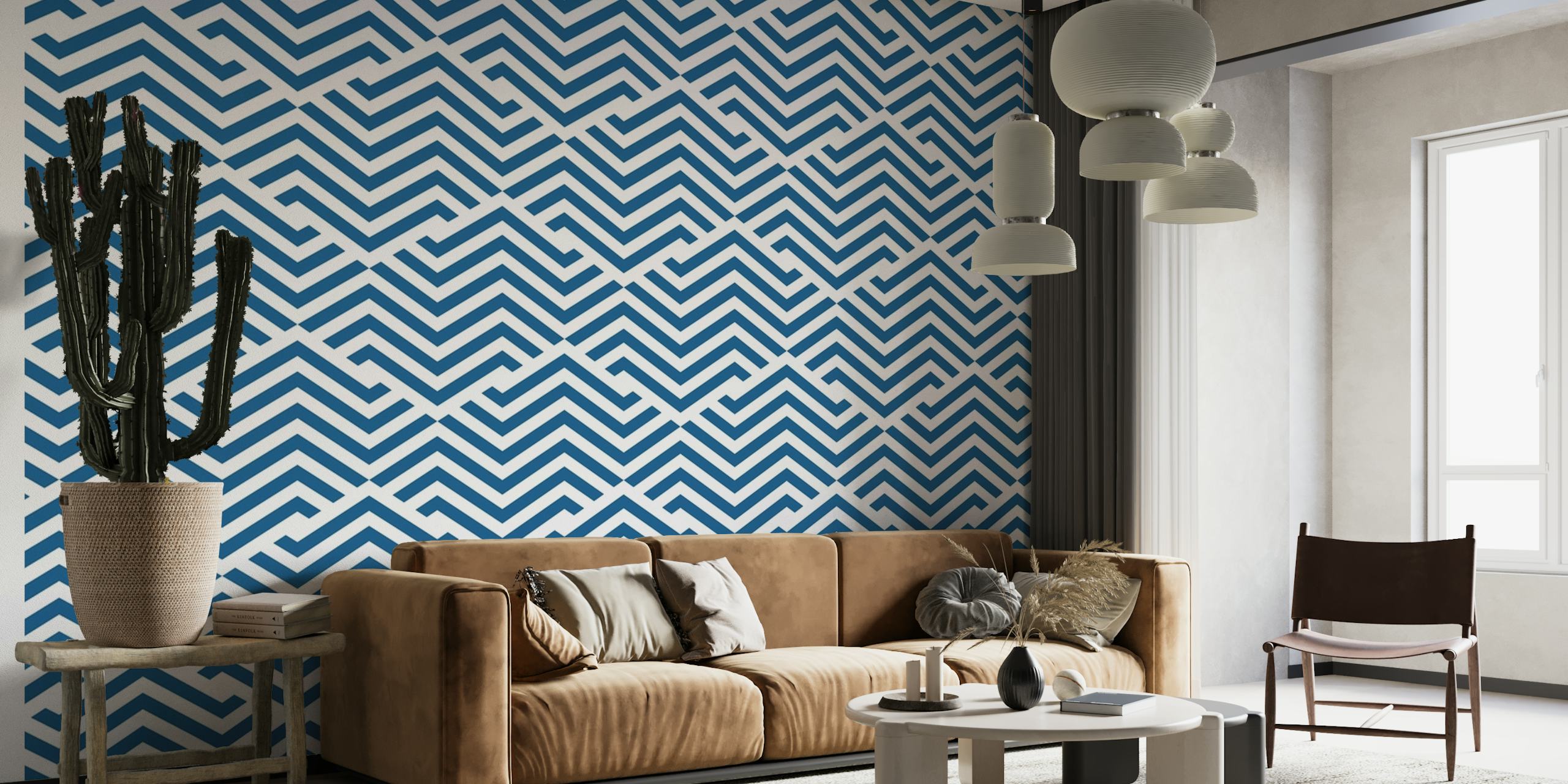 Marineblauwe en witte muurschildering met zigzagpatroon genaamd Kavala.