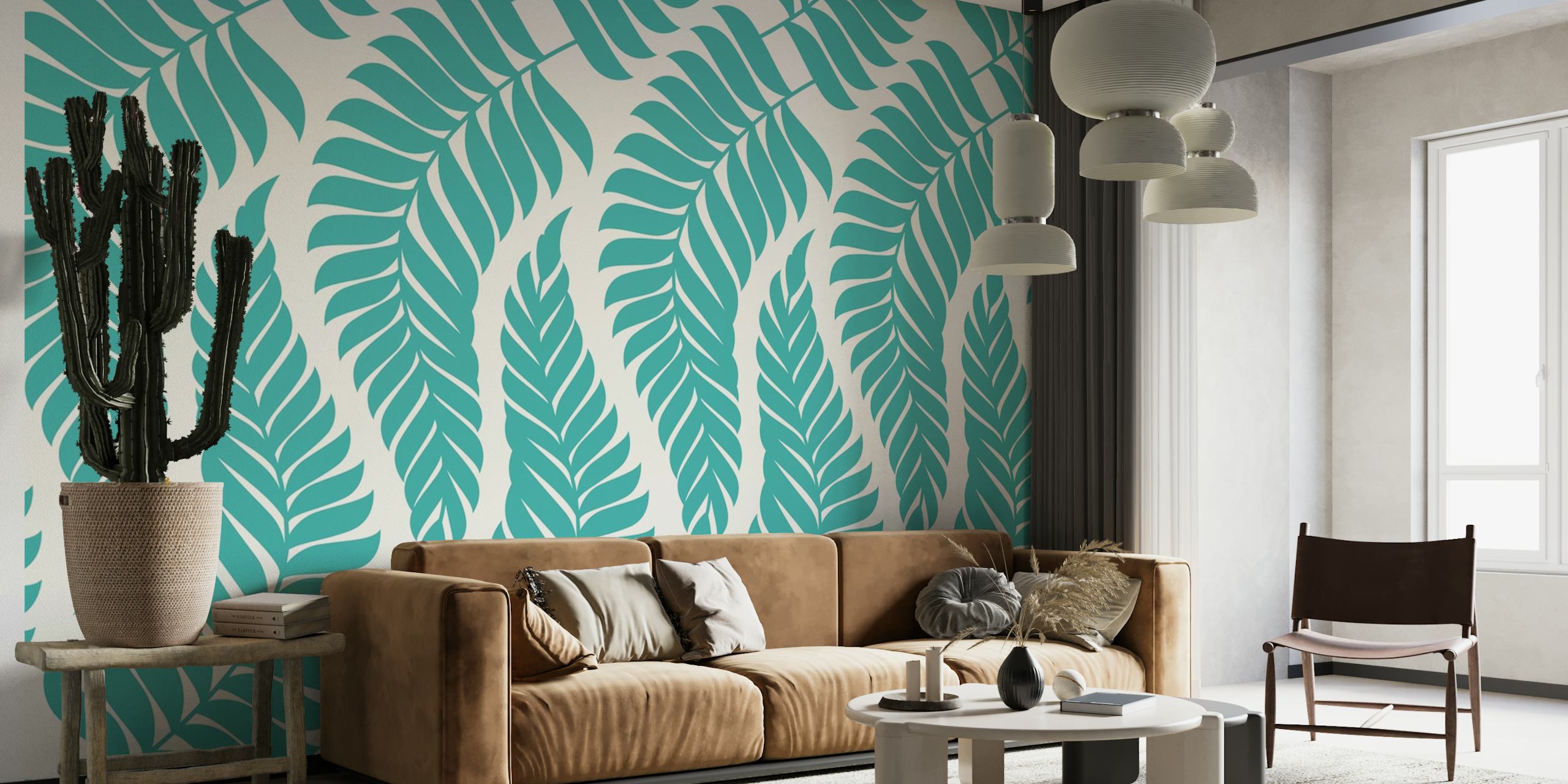 Botanical fern pattern with teal leaves on cream background wallpaper