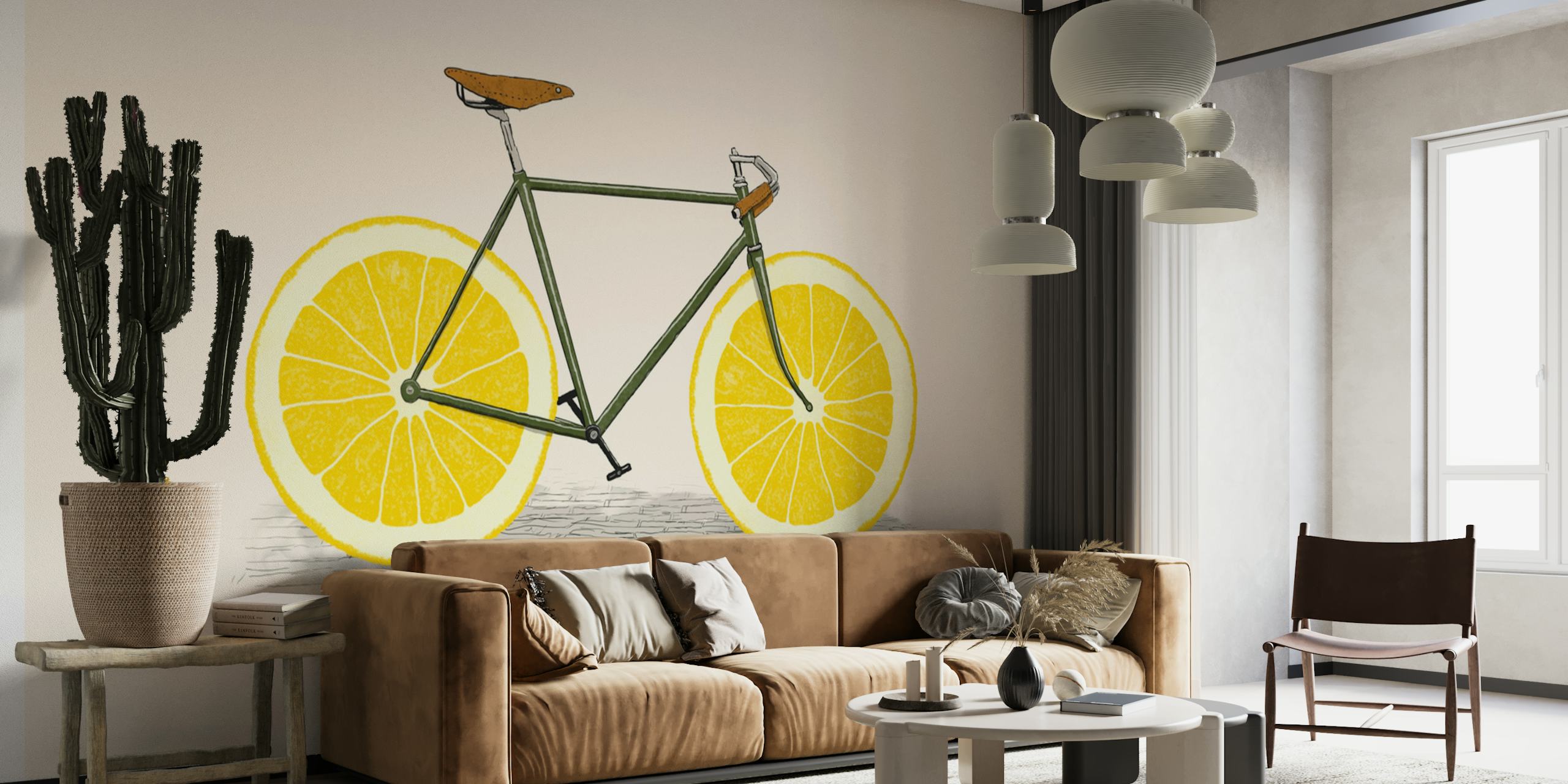 Illustration of a bicycle with lemon wheels on light background wallpaper