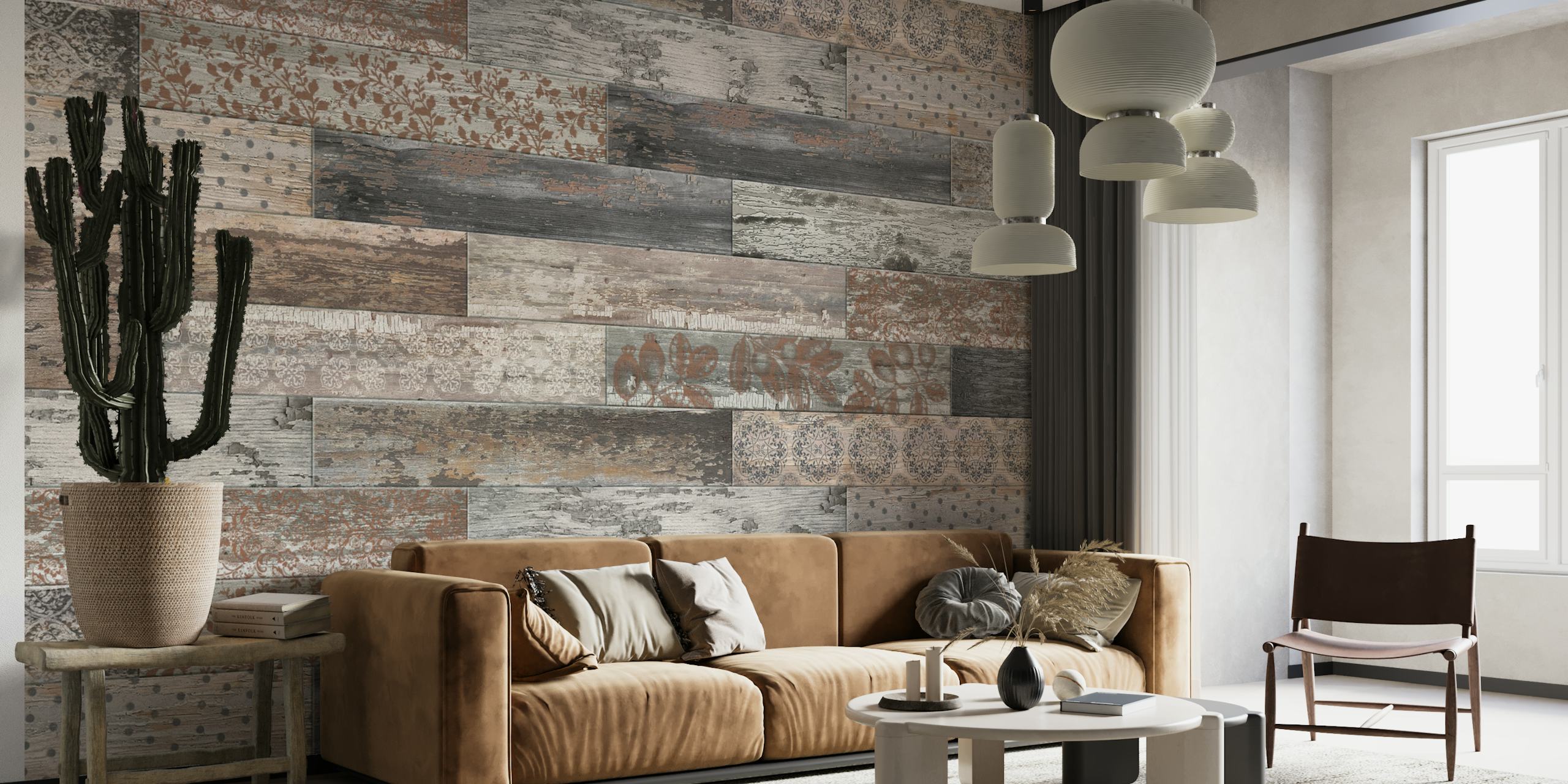 Vintage wood tiles wallpaper in brown and grey colors with unique patterns.
