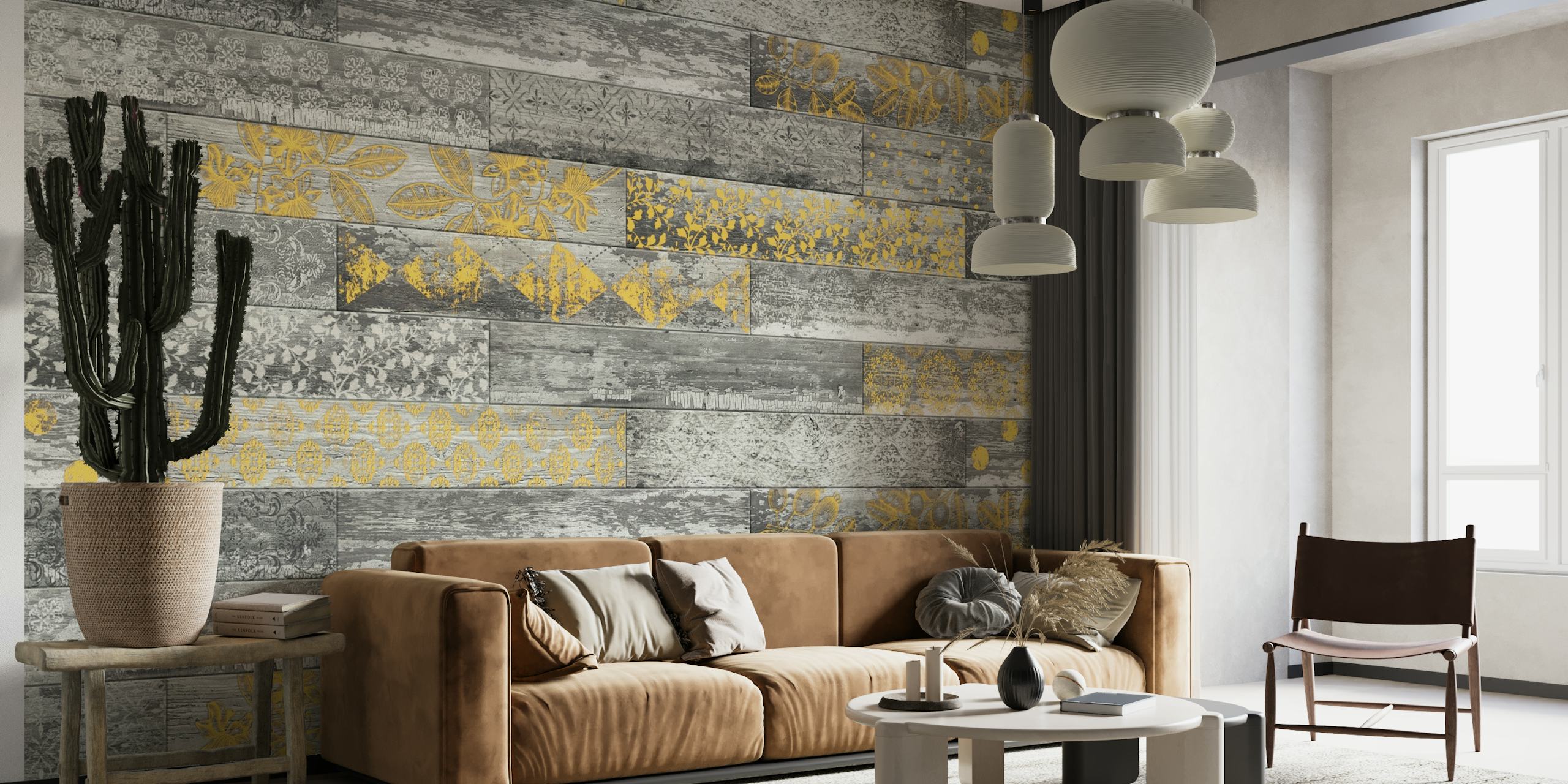 Vintage Wood Tiles Grey Yellow wallpaper
