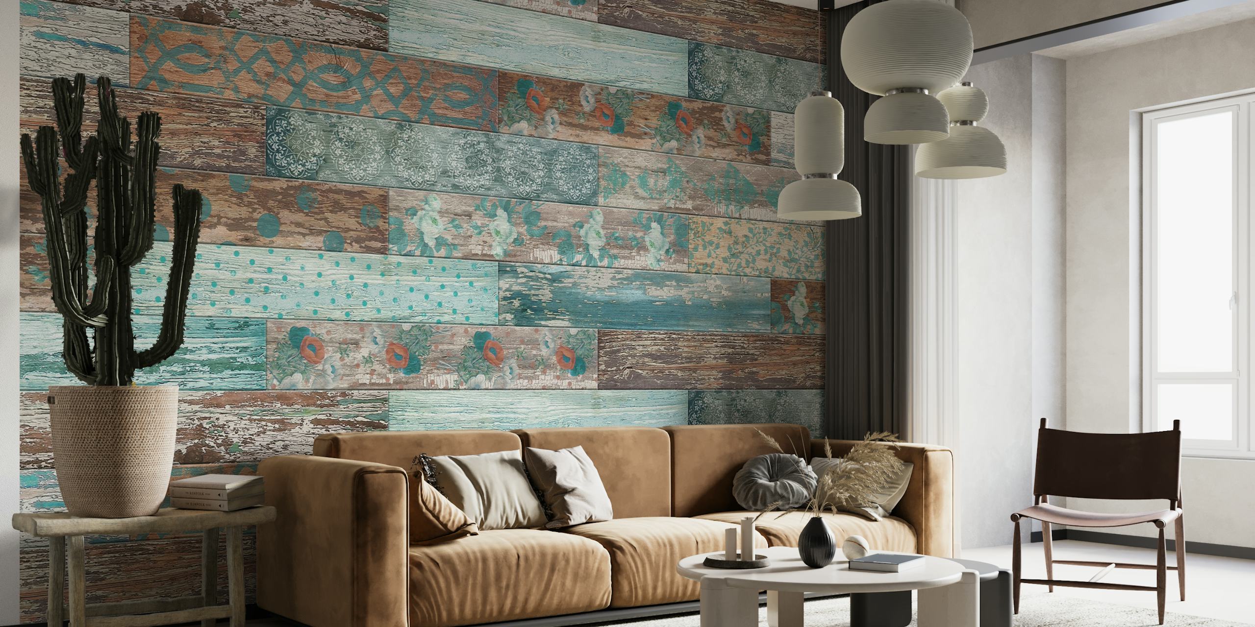 Teal and brown vintage wood tiles wallpaper