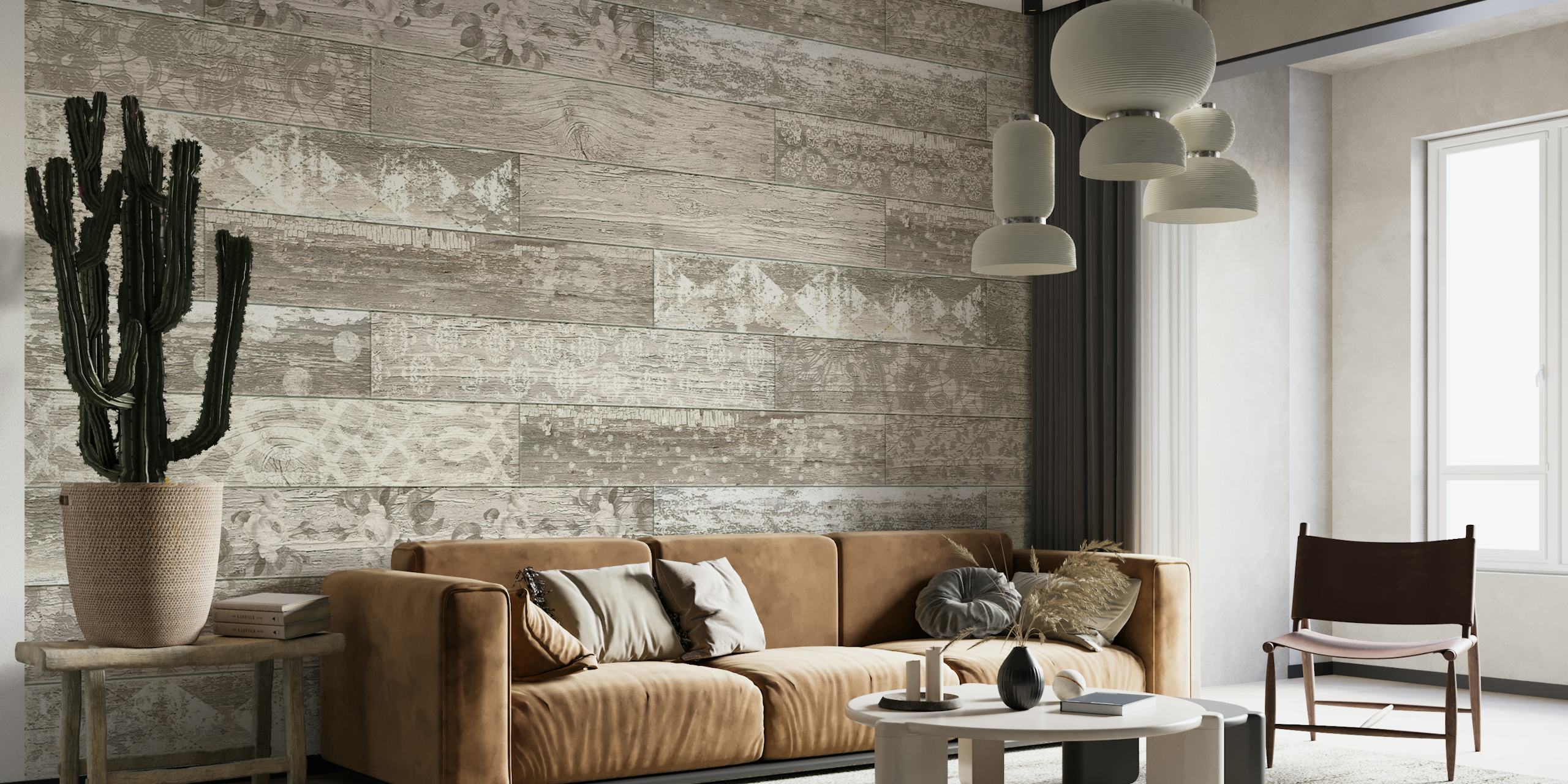Vintage Wood Tiles Beige White wallpaper