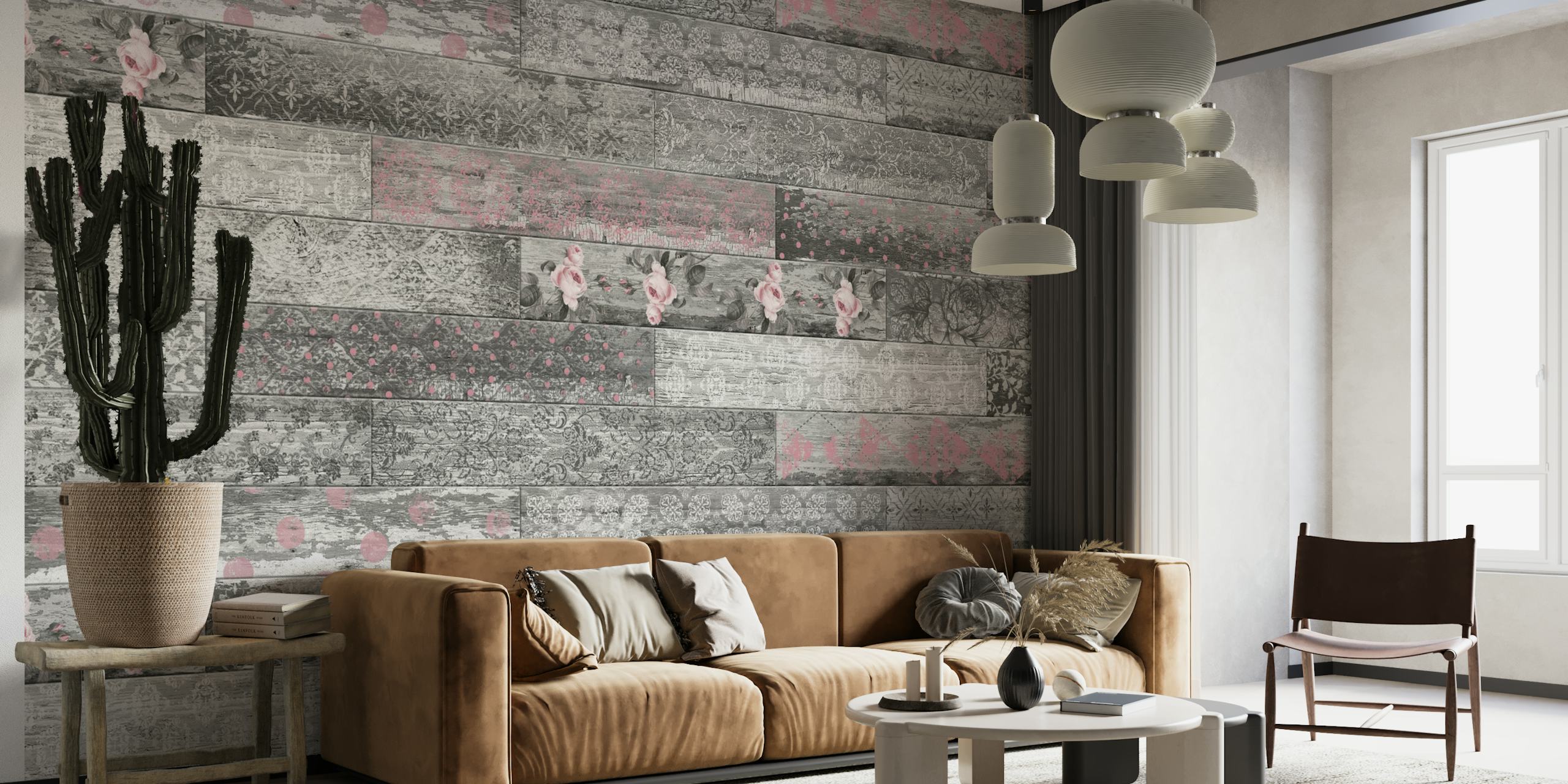 Vintage Wood Tiles Pink Grey τοιχογραφία με μια ψευδαίσθηση υφασμένων ξύλινων πάνελ σε αποχρώσεις του ροζ και του γκρι