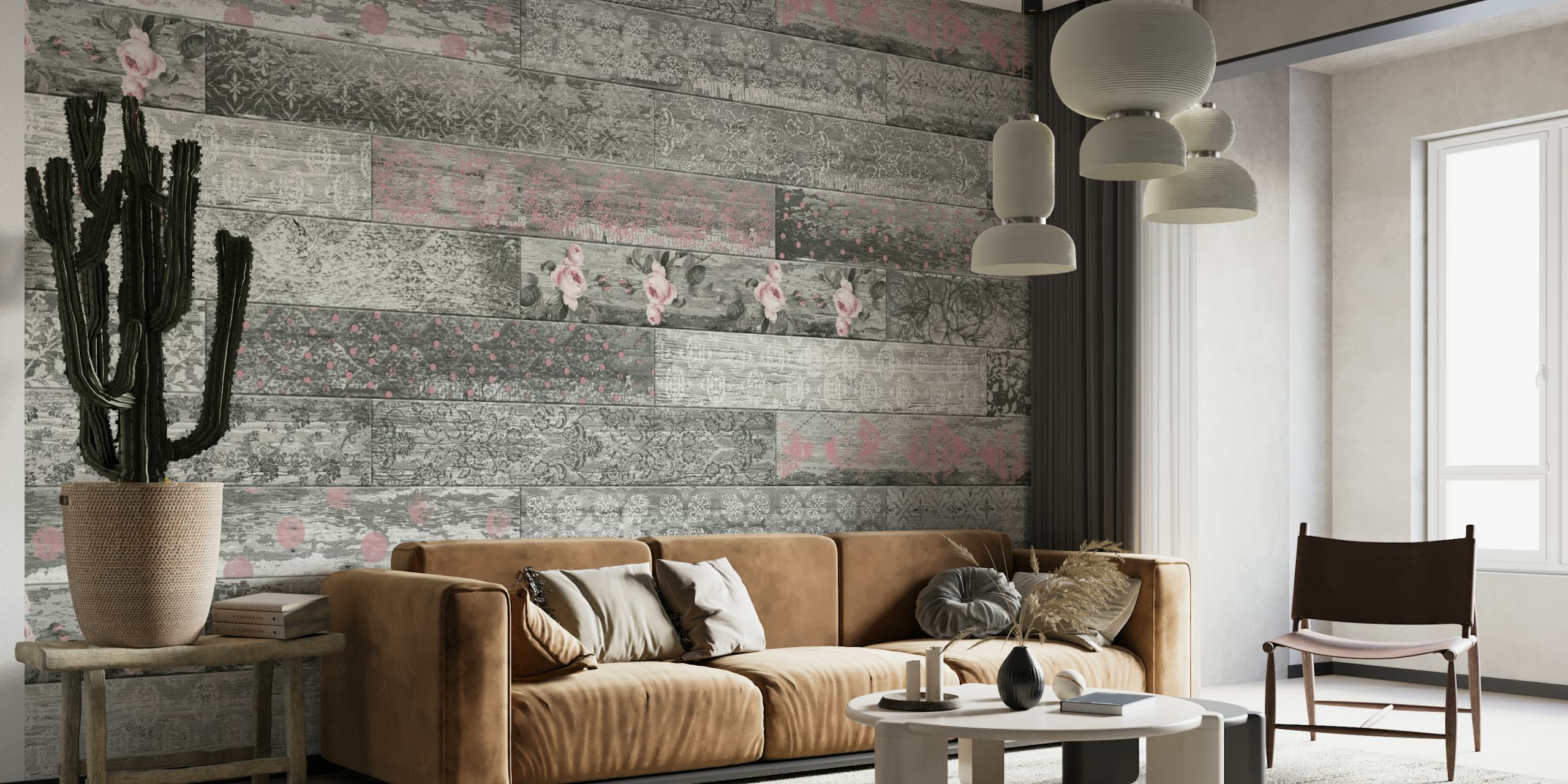 Vintage Wood Tiles Pink Grey seinämaalaus, jossa kuvioitu puupaneeleiden illuusio vaaleanpunaisen ja harmaan sävyissä