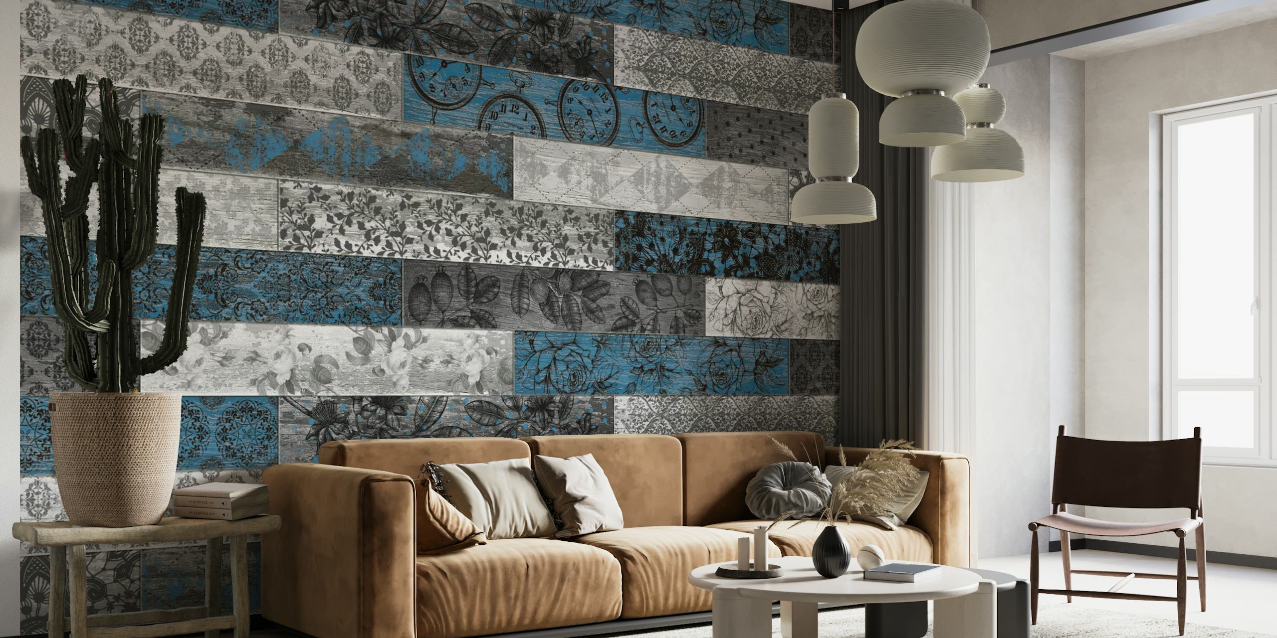 Papier peint mural en carreaux de bois vintage en bleu et gris