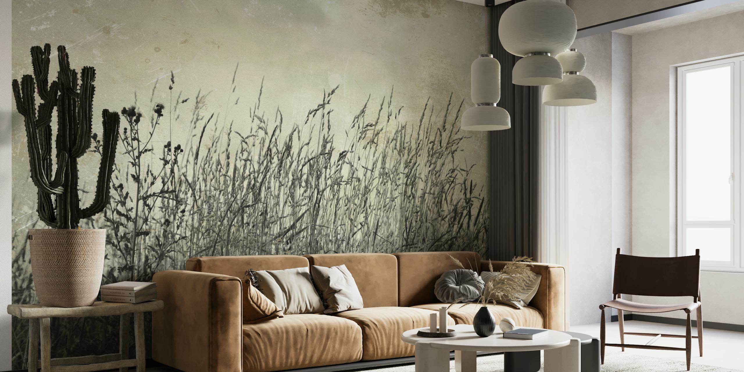 Tall grasses and wildflowers in black and white wallpaper