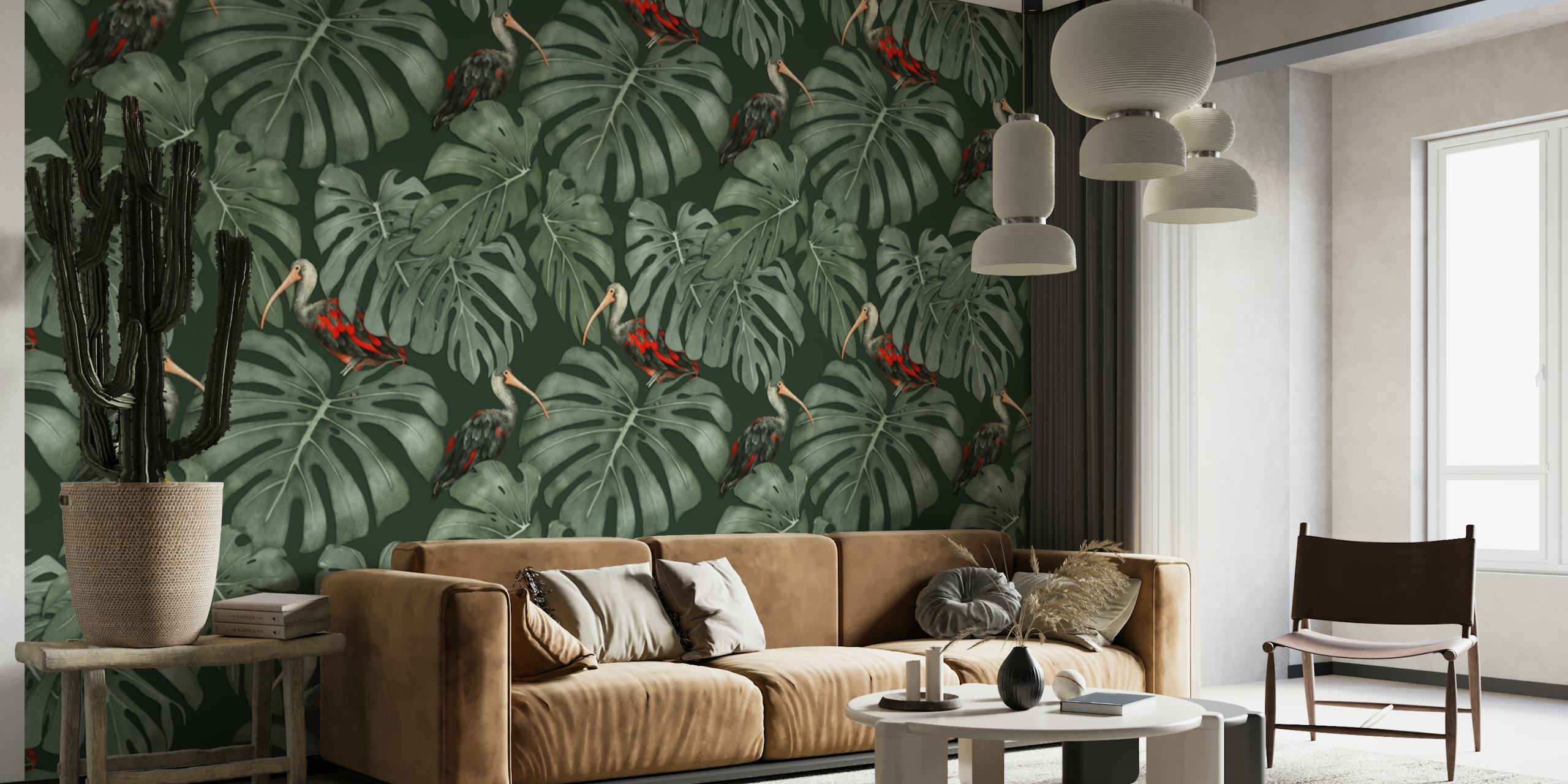 Scarlet ibis birds perched amongst lush green monstera leaves on a wall mural