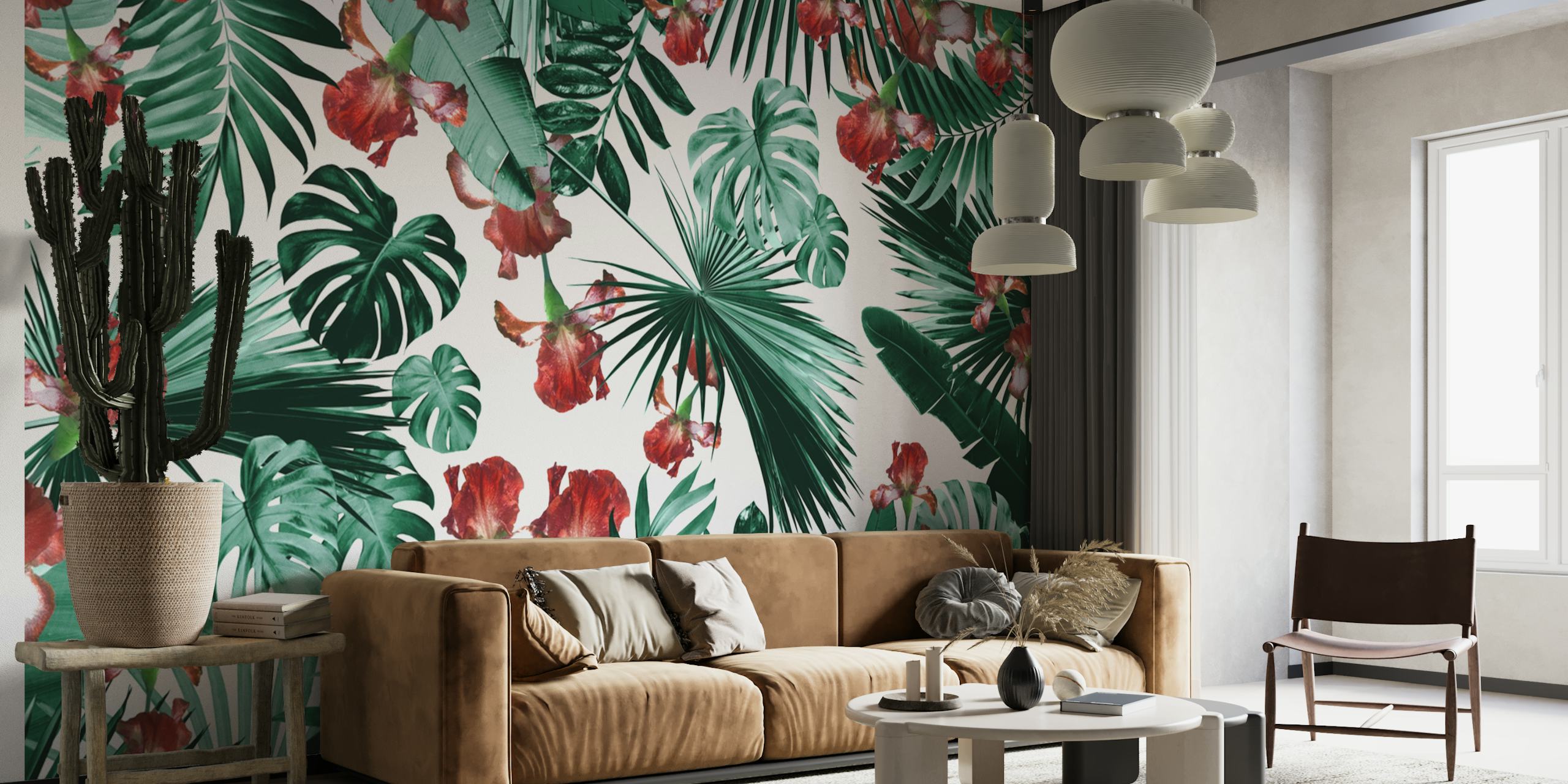 Tropical leaves and red flowers wallpaper on white background