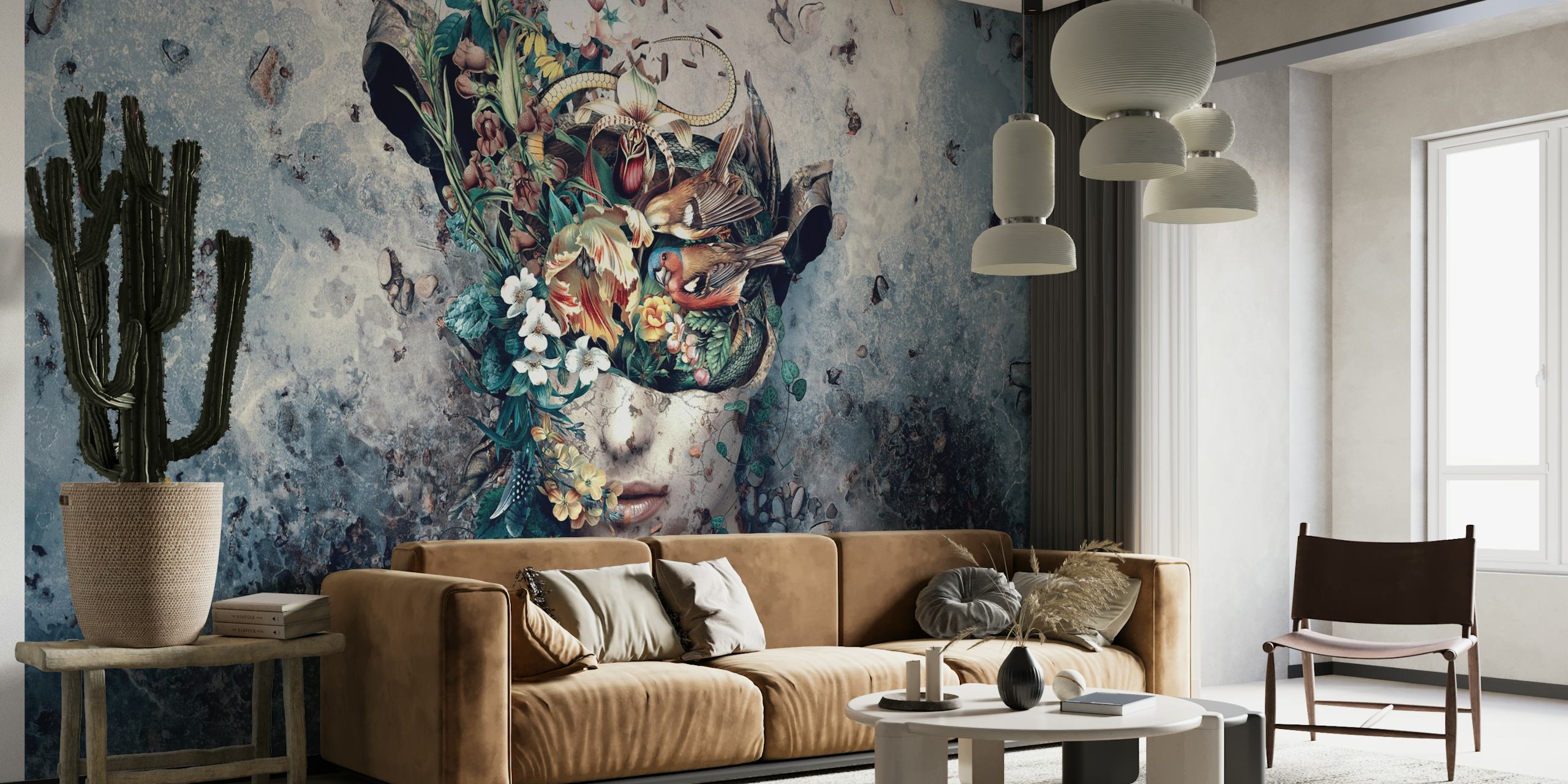 Floral art mural featuring vibrant colors and intricate foliage wallpaper