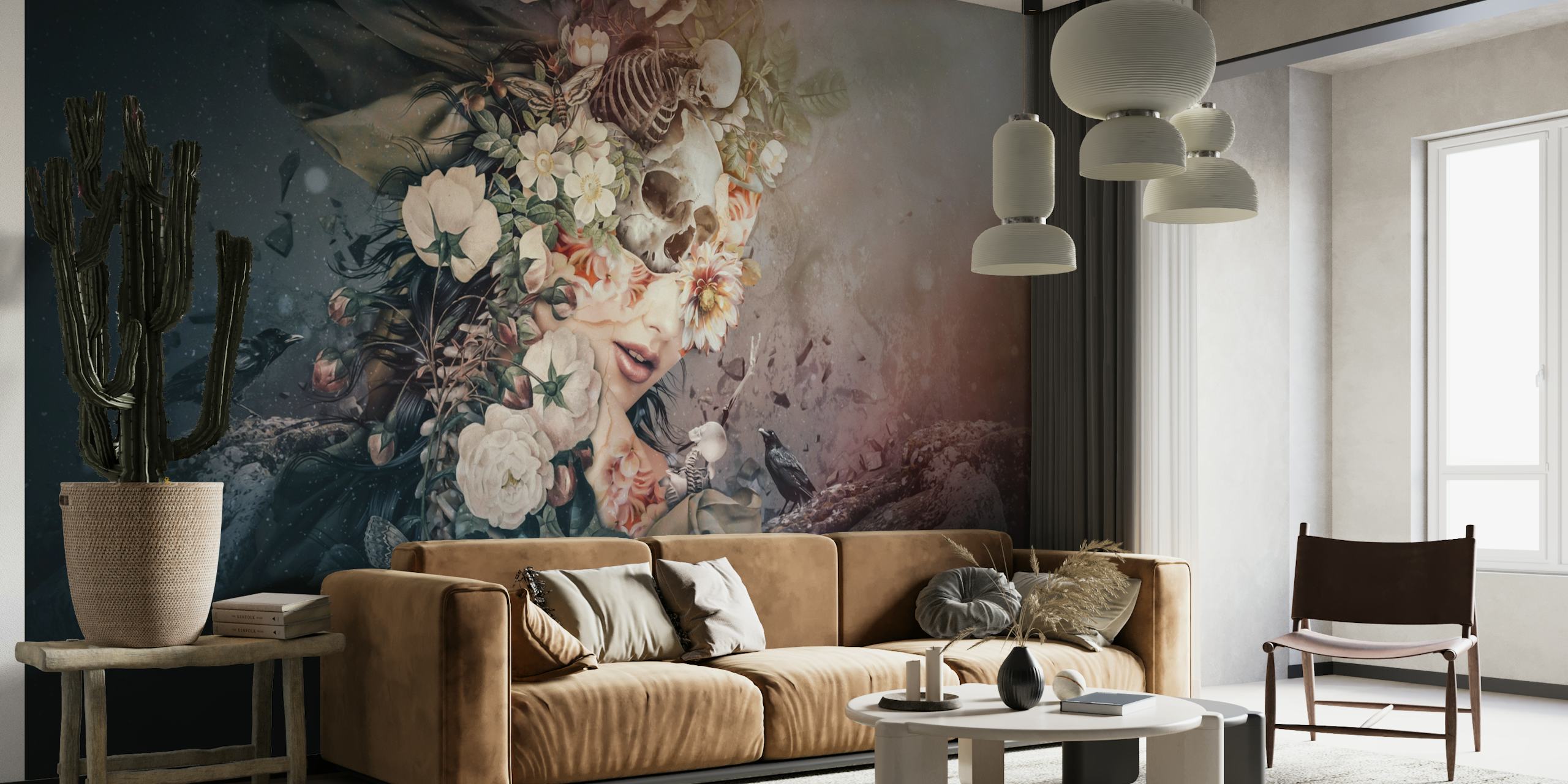 A dramatic wall mural featuring a transition from dark to light with delicate floral elements