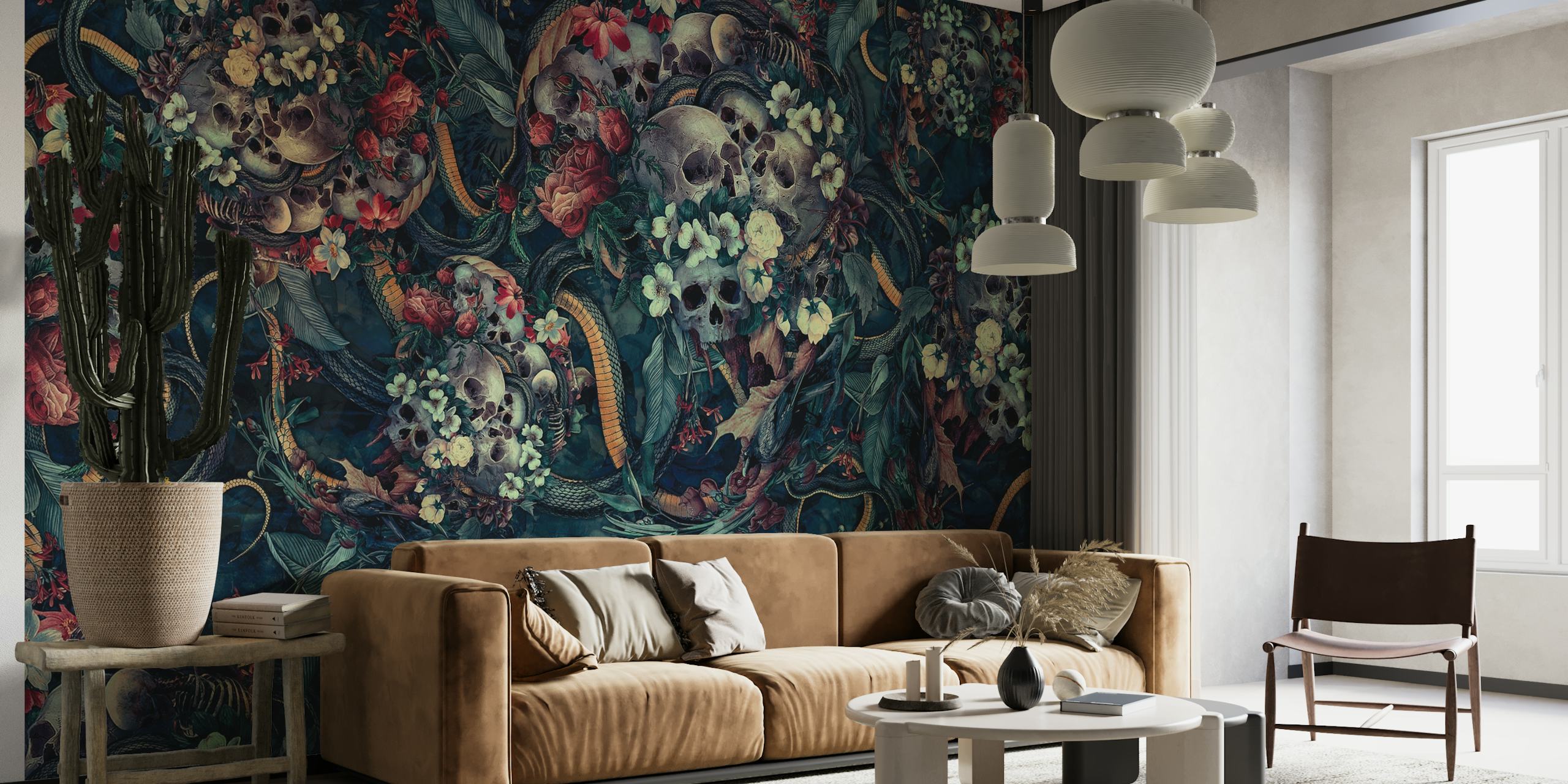 Skulls, snakes, and flowers in dark colors wallpaper