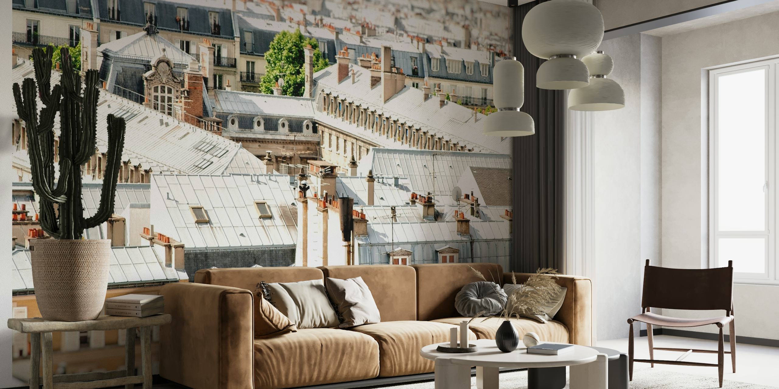 Malebná nástěnná malba Scenic Paris Rooftops s okouzlující architekturou pařížských budov při pohledu shora.