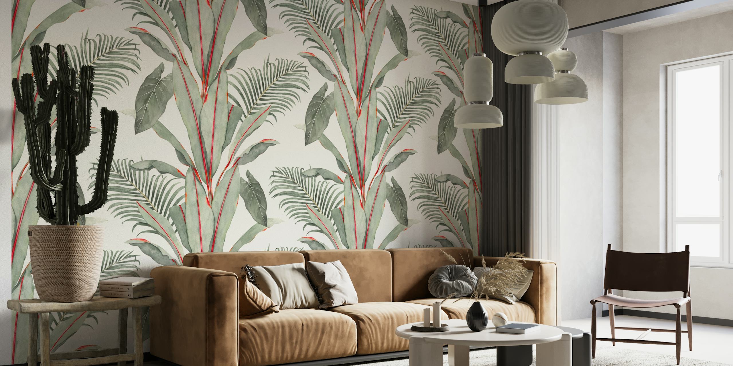 Tropical banana palm leaves in green and red tones wallpaper