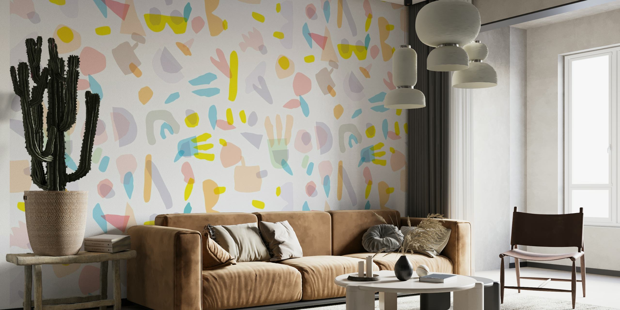 Abstract shapes and doodle art wall mural in pastel colors