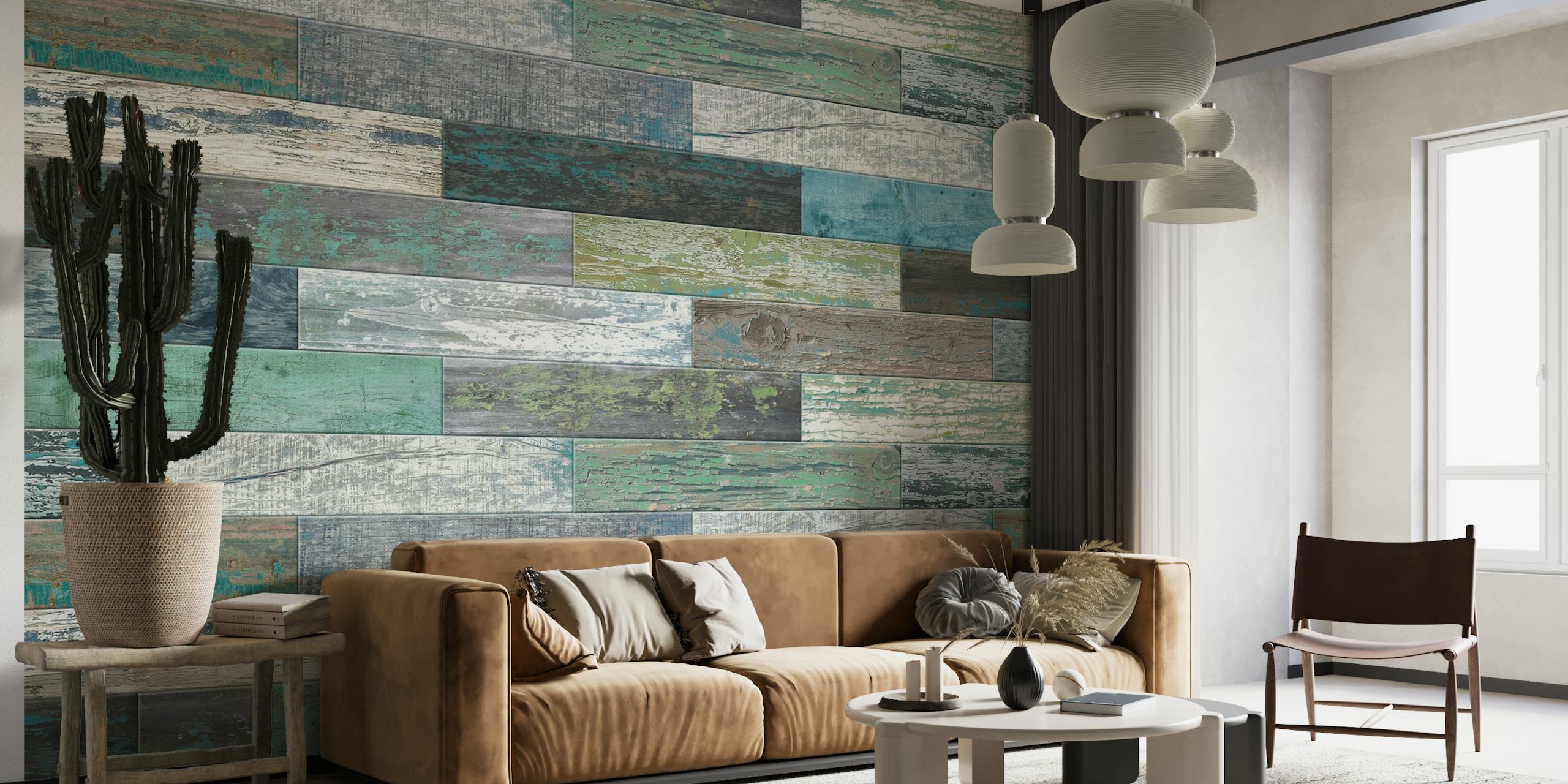 Reclaimed Boat Wood Green Blue textured wall mural with a mix of sea-inspired hues
